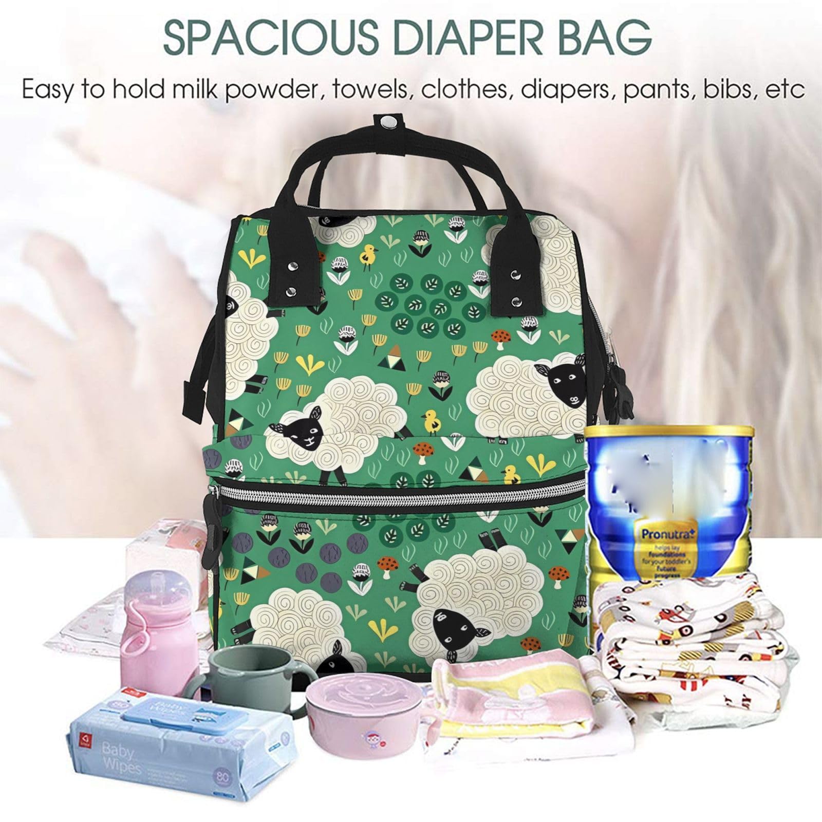 Mochila para pañales de gran capacidad con estampado vintage de libélulas y libélulas, Linda oveja de dibujos animados, Talla única, Casual