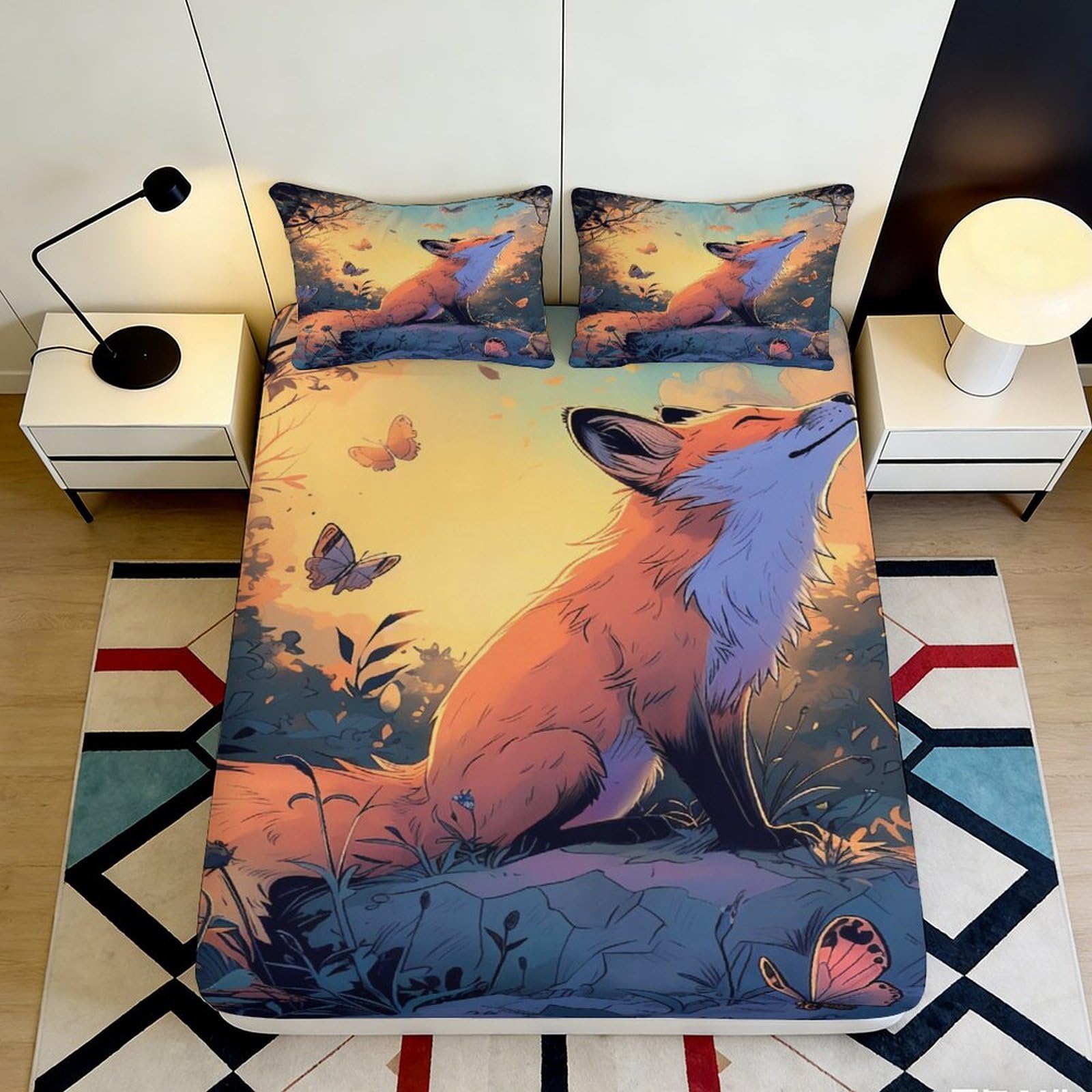 3D Printed Fox Butterfly Fitted Sheet Microfiber Anti-Slip Bed Cover for Bedroom Dorm Mattress Protection Decor 160x200x25cm
