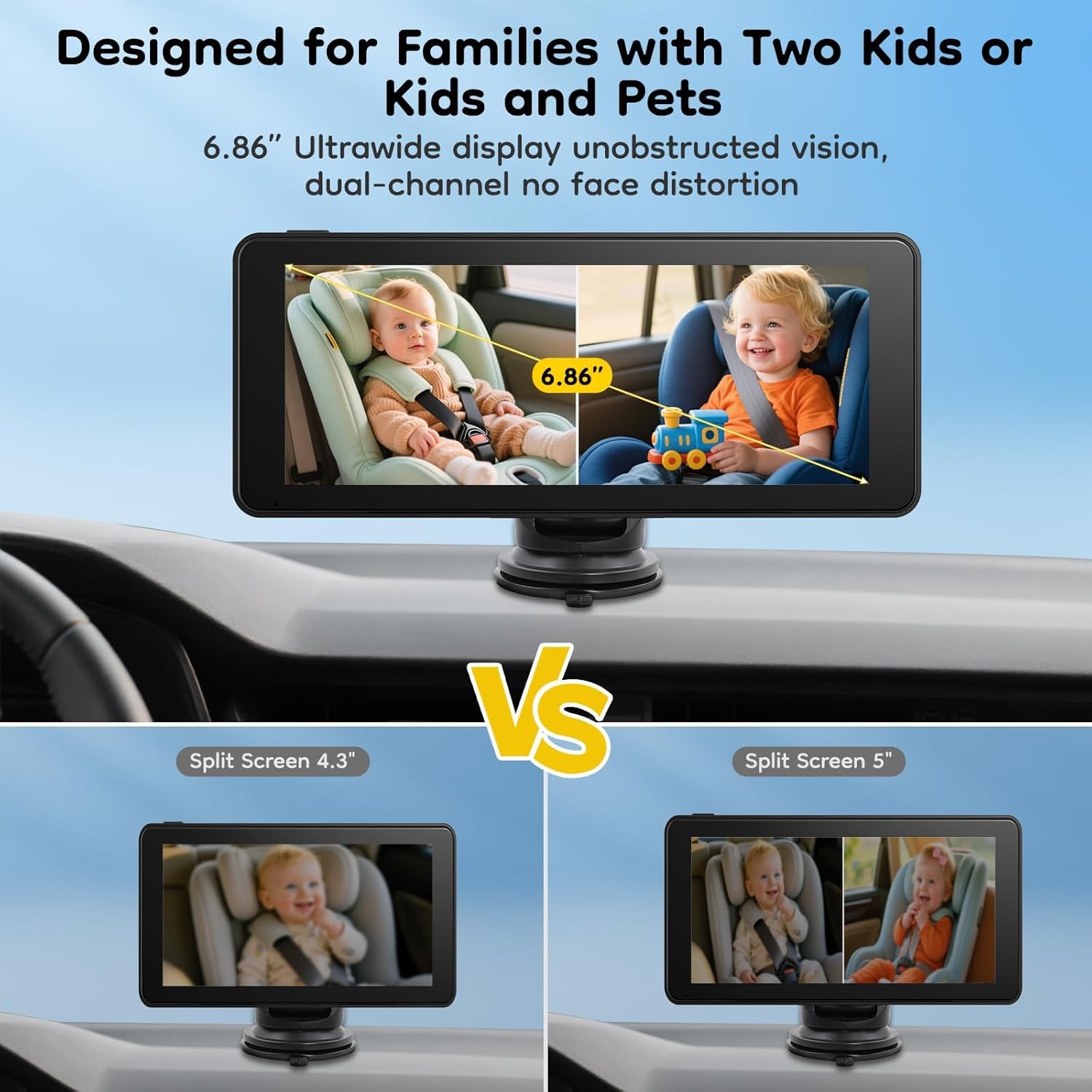 ELECROW Dual Baby Car Camera for 2 Kids - 6.86" 1080P Split-Screen Baby Monitor for CarSeat, 360° Full Rotation, IR Night Vision, Plug & Play Backseat Monitor for Twins & Siblings, Easy Install, Gifts
