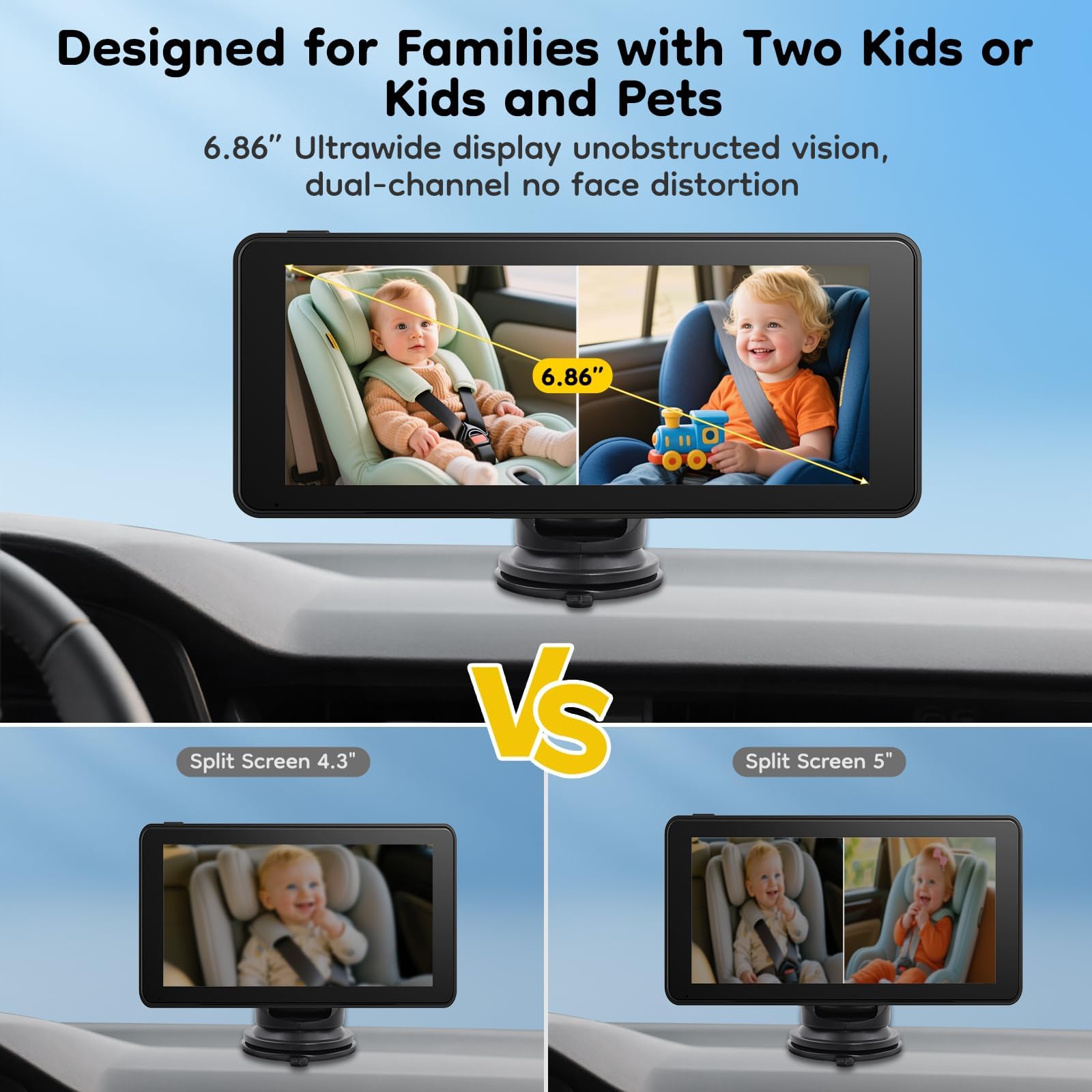 ELECROW Baby Auto Kamera 2 Kameras für Kindersitz, 6,86 Zoll Ultrawide Display USB Rücksitz Kamera Set, 1080P HD & IR Nachtsicht, einfache Installation, Babykamera für Auto Rücksitz