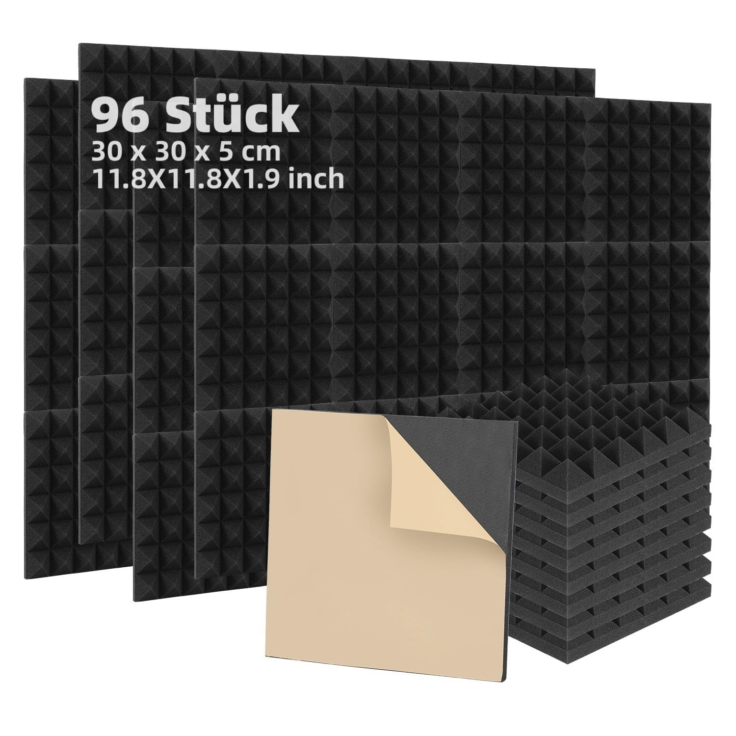 Fiqops 96 paneles acústicos autoadhesivos de espuma acústica 5 x 30 x 30 cm, aislamiento acústico de pared para reducir el eco, protección acústica para estudio de grabación, decoración de juegos,