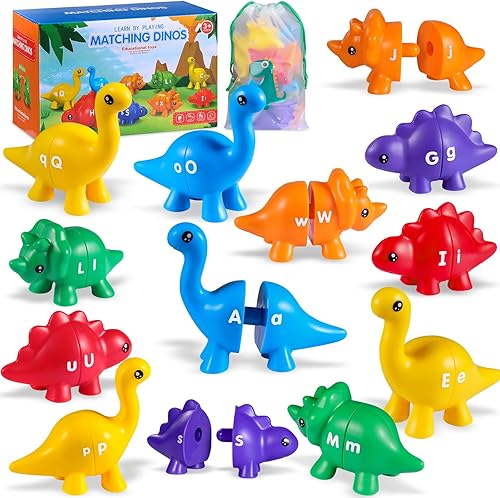Rukkawwa Juguetes de dinosaurio con letras a juego, 26 piezas ABC para niños de 3 a 5 años, juguetes educativos de doble cara con minúscula