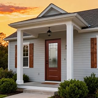 Classic Fiberglass Entry Door with Mahogany Woodgrain Finish, Decorative Glass Front Door for Home Entrance