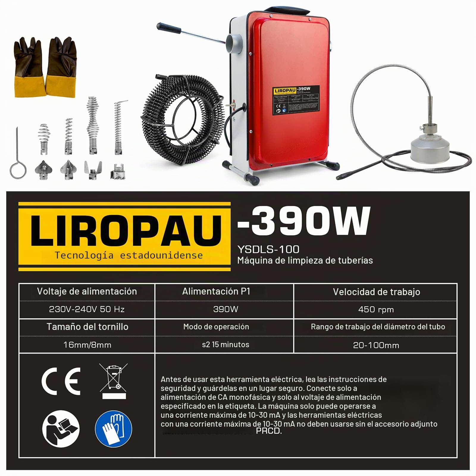 Desatascador de desagües eléctrico de 390 W y 450 rpm con diferencial (RCD) para tuberías de Ø20-100 mm, espirales de Ø8 mm (10 m), Ø16 mm (14,5 m), dispositivo de desatasco.