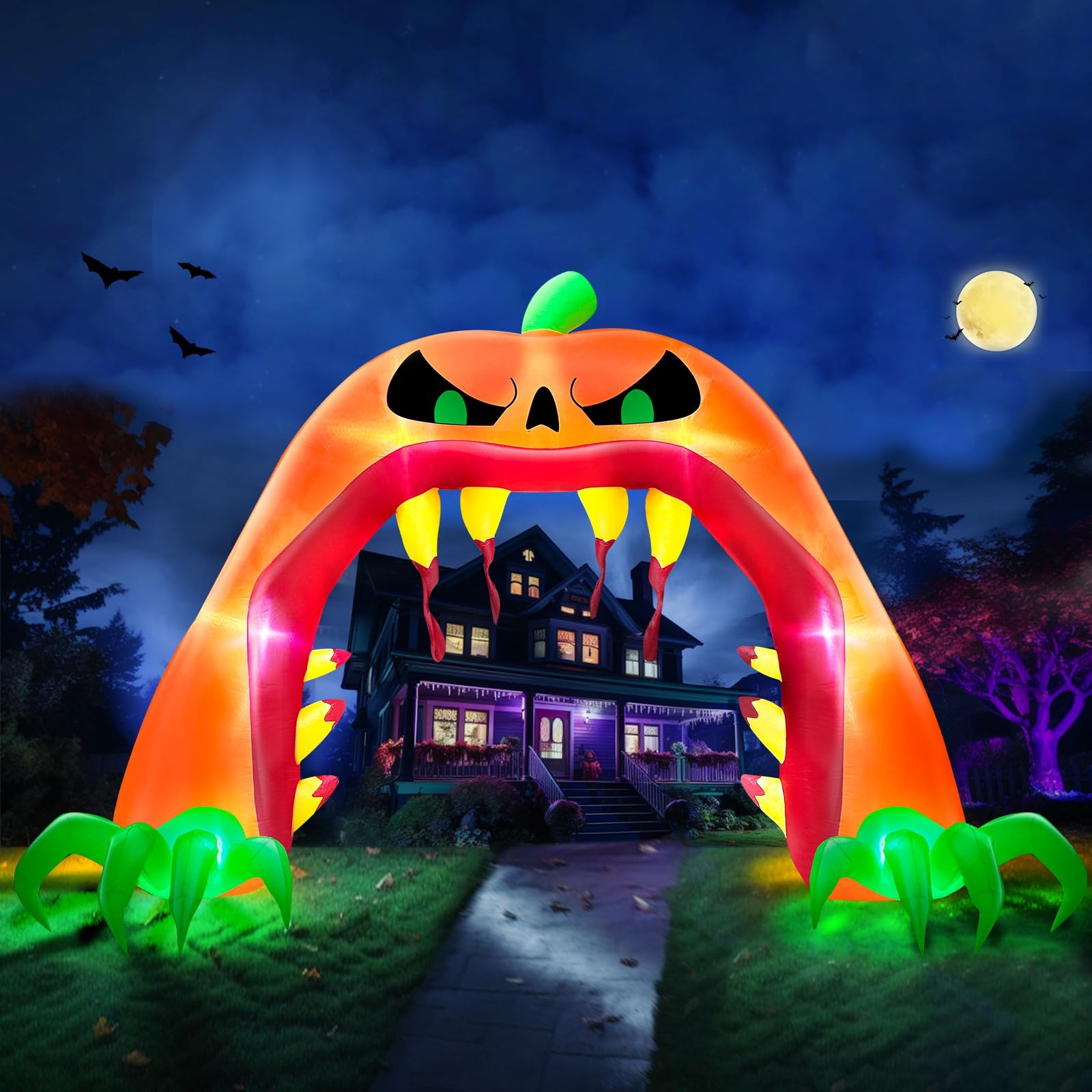TURNMEON 13 FT Long 10 FT Tall Giant Halloween Inflatables Pumpkin Archway Halloween Blow Up Outdoor Decorations Scary Jack-O-Lantern Tear Open Mouth Build-in LED Lights Yard Lawn Party Arch