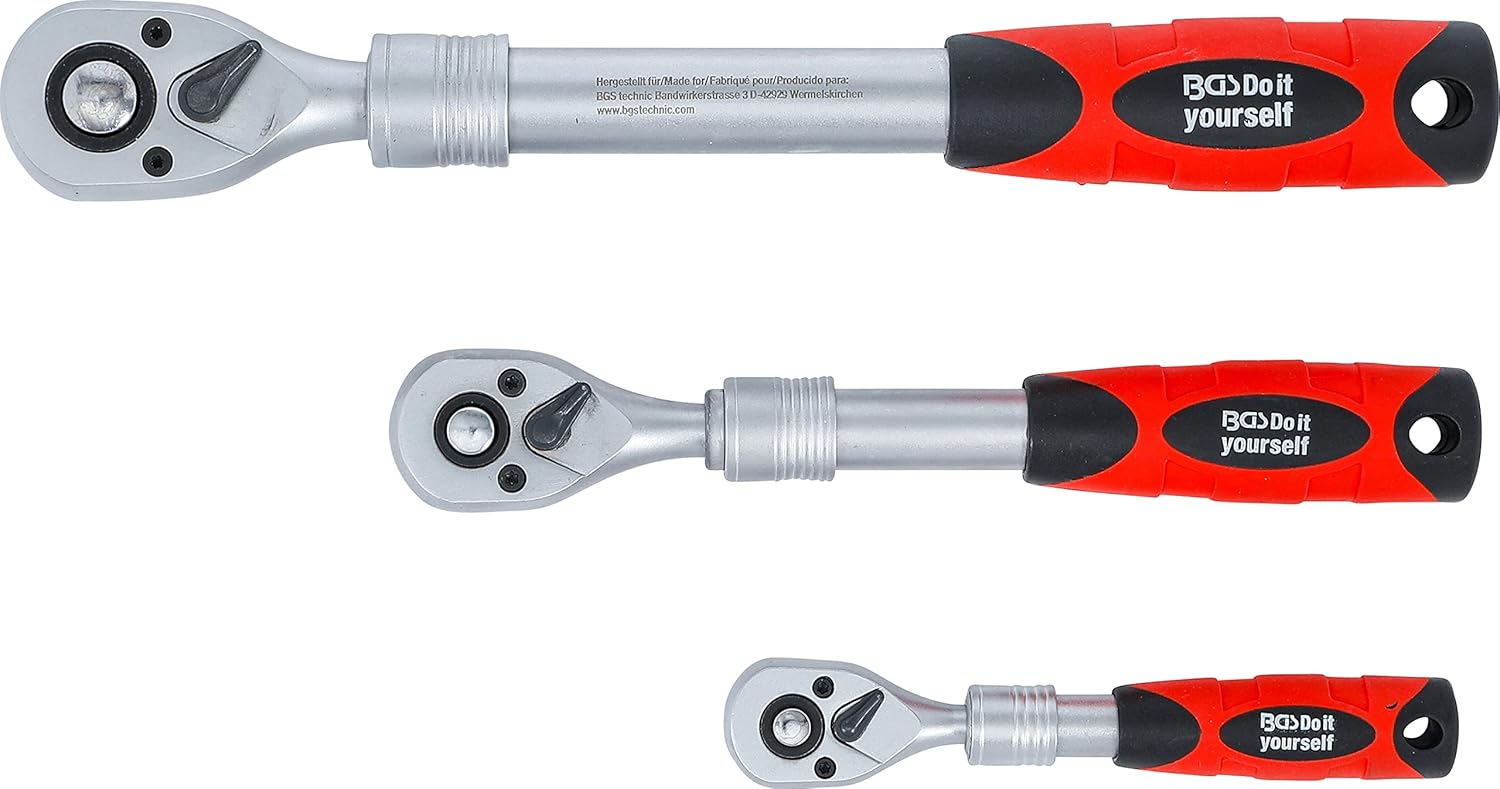 BGS DIY 72113 Reversible Ratchet Set Extendible Output Square 6.3 mm (1/4 inch) - 10 mm (3/8 inch) - 12.5 mm (1/2 inch) | 3-Piece