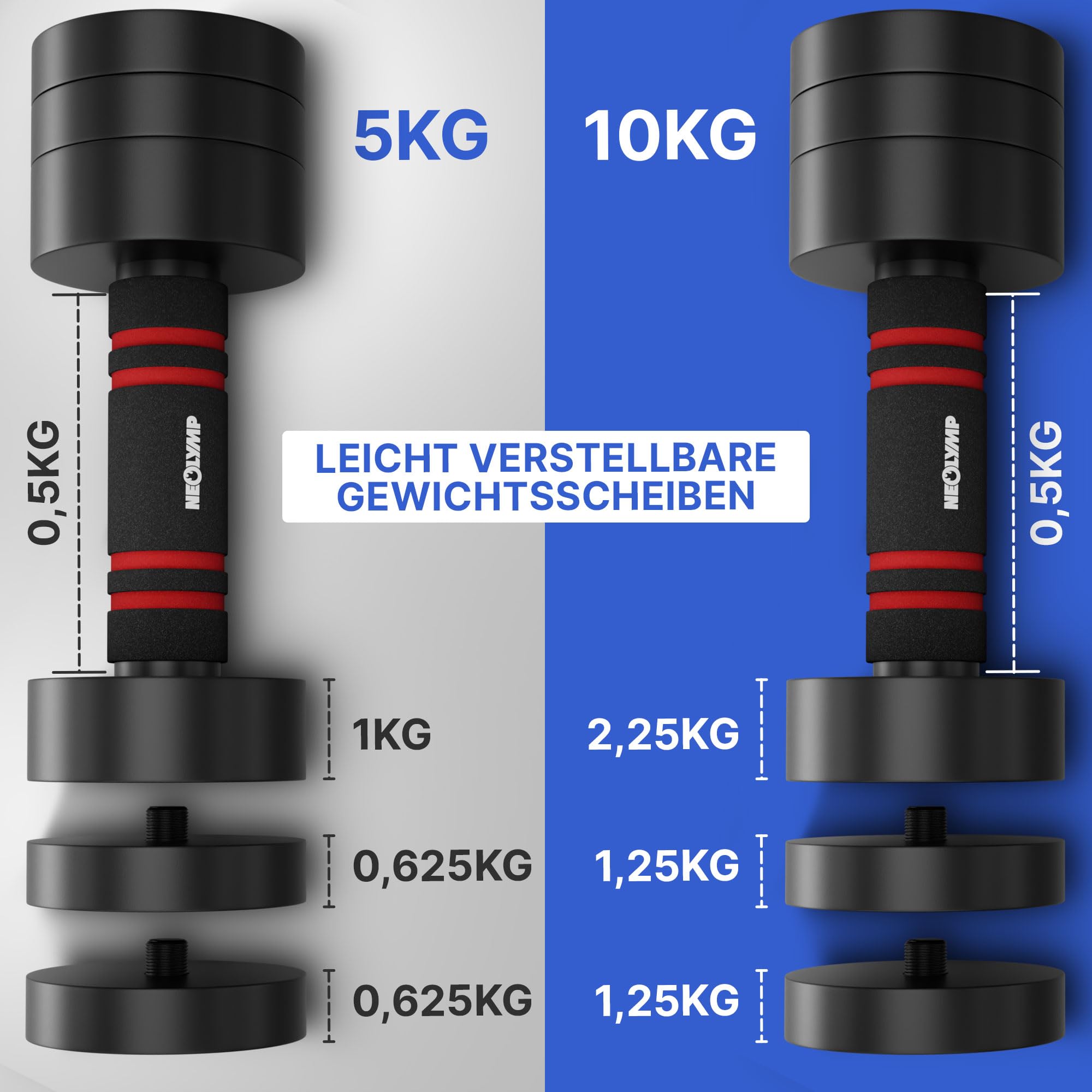 NEOLYMP 2er Set verstellbare Kurzhanteln – platzsparendes Hantelset aus Stahl mit ergonomischem Griff für Krafttraining & Home Gym – in verschiedenen Gewichtsstufen.