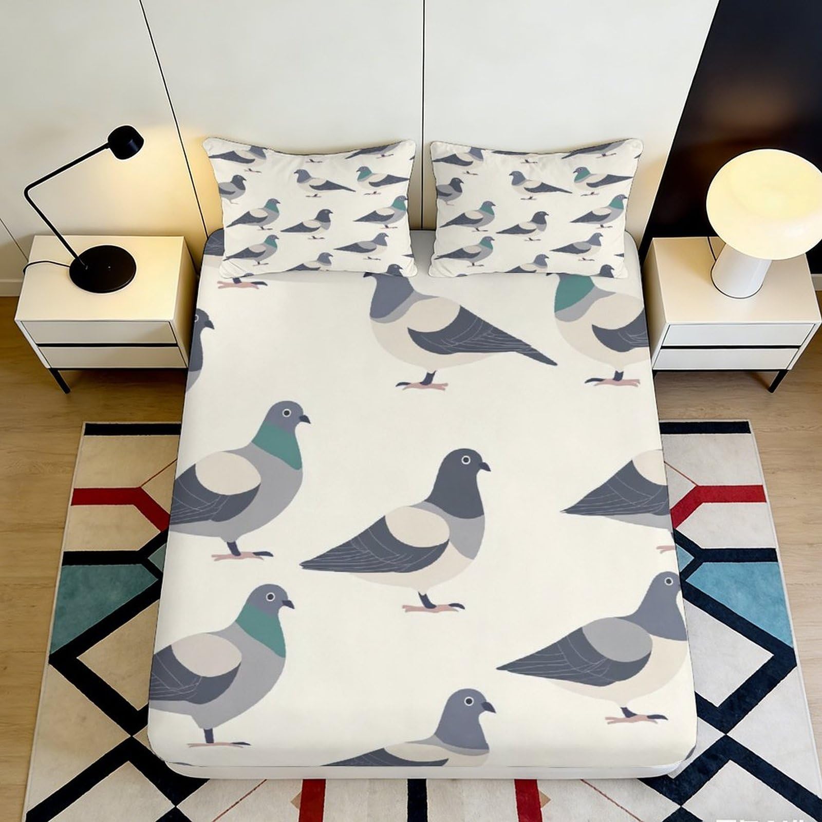 3D Printed Pigeon Graphic Fitted Sheet Microfiber Soft Non-slip Bird Pattern Mattress Cover for Bedroom Guestroom Decor 90x200x25cm