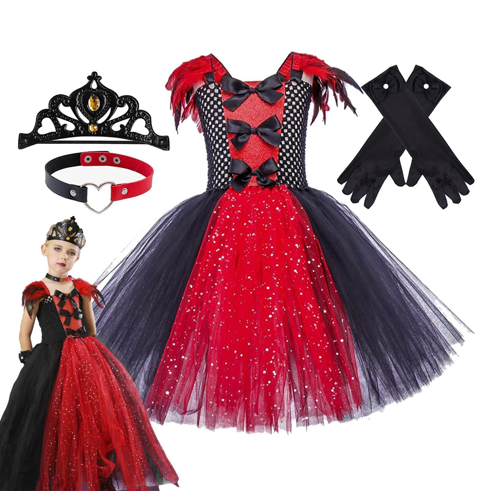 Abito Gotico Vampira per Bambine Set Guanti Corona e Collana da Principessa | Abito Tulle Gotico Bambine Per Bambini 2-12 Anni Cosplay Recita Festa Oggetti Foto