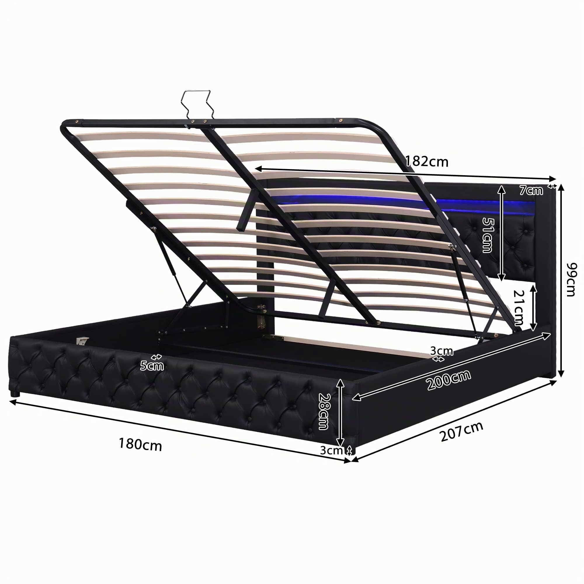 Cama Tapizada Camas Matrimoniales 180x200 con Luces LED Cabecero, Estructura de Cama Doble con Espacio de Almacenamiento Hidráulico, Camas Somier con Láminas Madera, Sin Colchón, PU, Negro