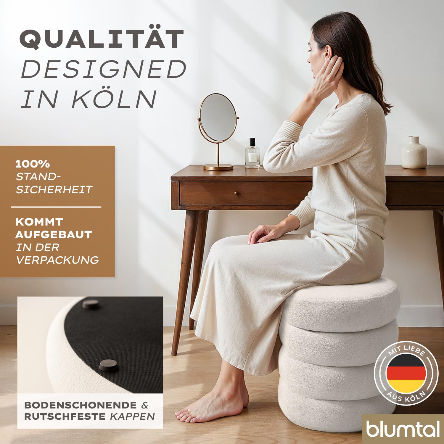 Blumtal Hocker mit Stauraum rund, Bouclé-Bezug - robuster Sitzhocker mit Stauraum & Bouclé-Stoff-Bezug 42 x 42 x 47 cm - kleiner Hocker Schminktisch - wunderschöner Bouclé-Look - Sitzhocker rund Creme