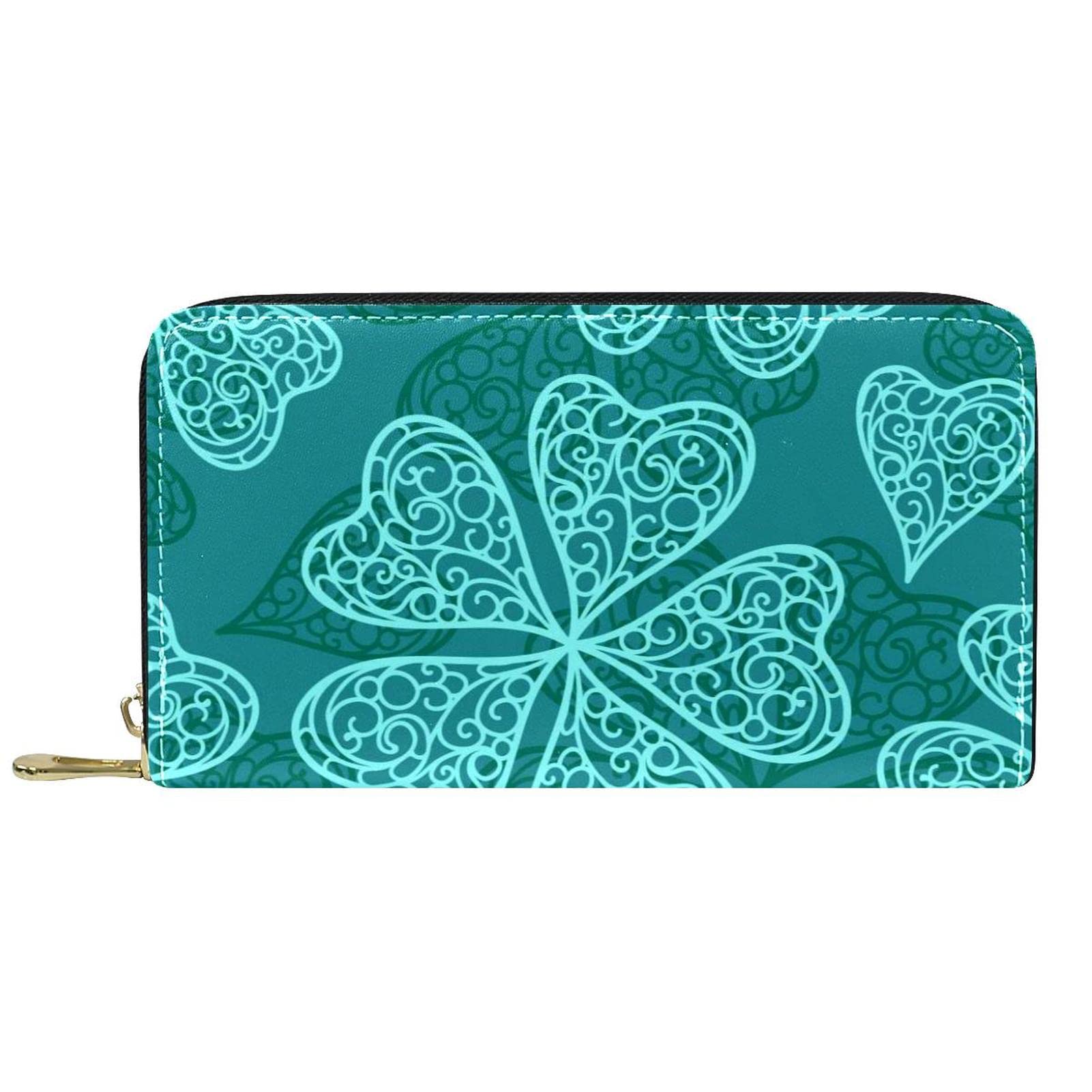 Cartera de cuero con cremallera larga con patrón abstracto de tréboles, Varios colores, 20.5x2.5x11.5cm/8.07x1x4.53 in, Classic