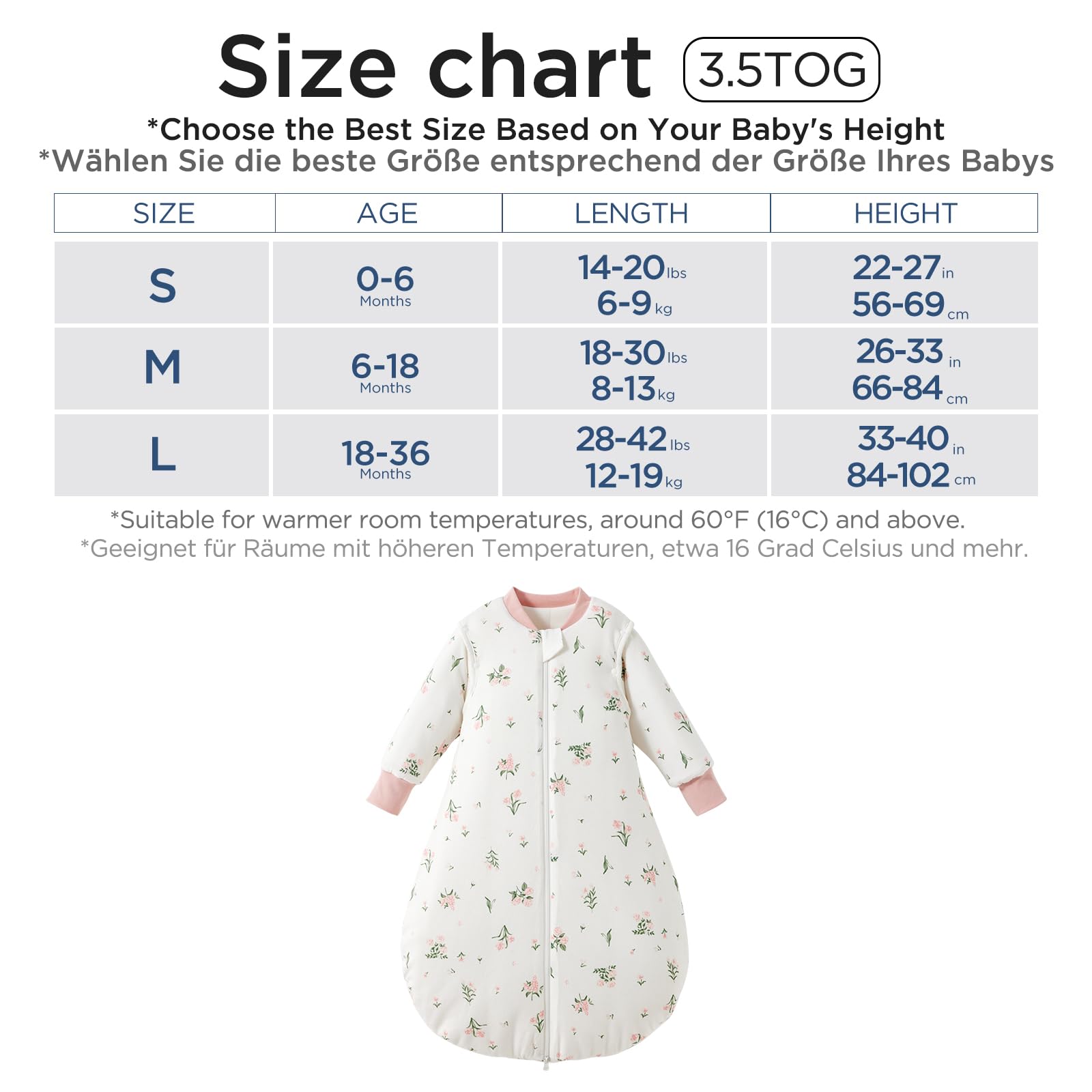 Duomiaomiao Sacco nanna 3.5Tog per bebè, Sacco 100% cotone per bebè invernale, Ragazze neonate, Sacco nanna per bambini maschi, Caldo per neonati e bambini piccoli(Fiori Rosa/100)