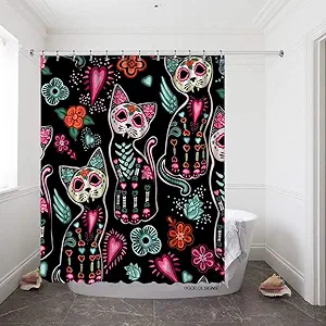 HGOD DESIGNS Sugar Cat Shower Curtain Set with 12 Hooks Day of The Dead Halloween Cats with Colorful Flowers Bath Curtains Shower Curtain Size 72