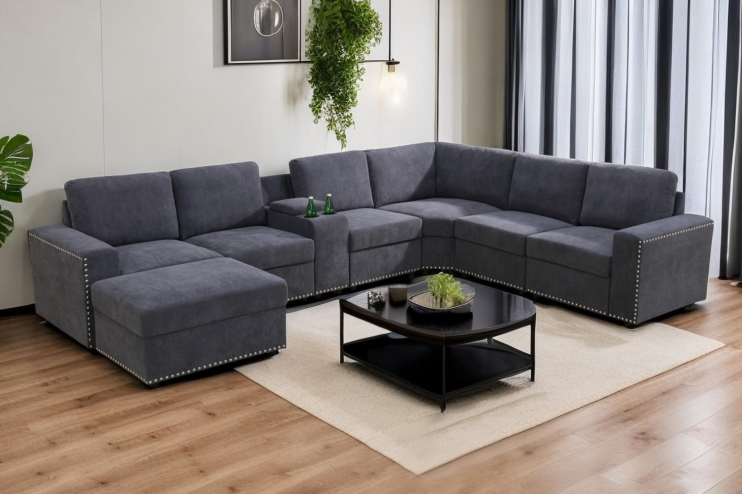 A AinehomeModular Sectional Sofa Set Oversized U Shaped Couch with Storage Cup Holder Convertible Sleeper Sectional Sofa Corduroy Modular Couch with Wide Chaise for Living Room (A-Grey)