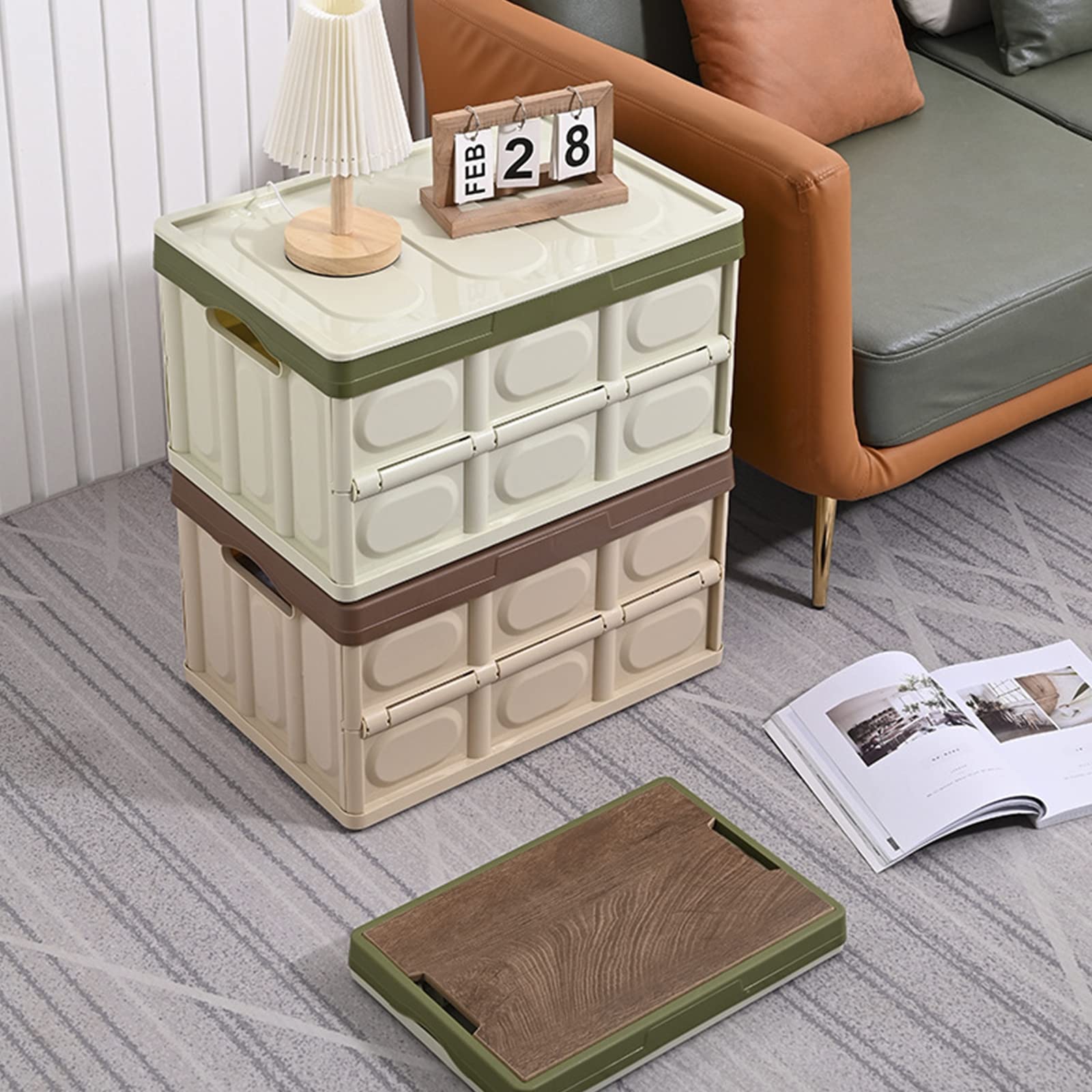 Faltbare Aufbewahrungsbox 55L Campingbox mit Holzdeckel und wasserdichter Tasche, groß Kofferraum Organizer Multifunktional Kunststoffkiste für Reisen im Freien, Camping, Familie,Khaki