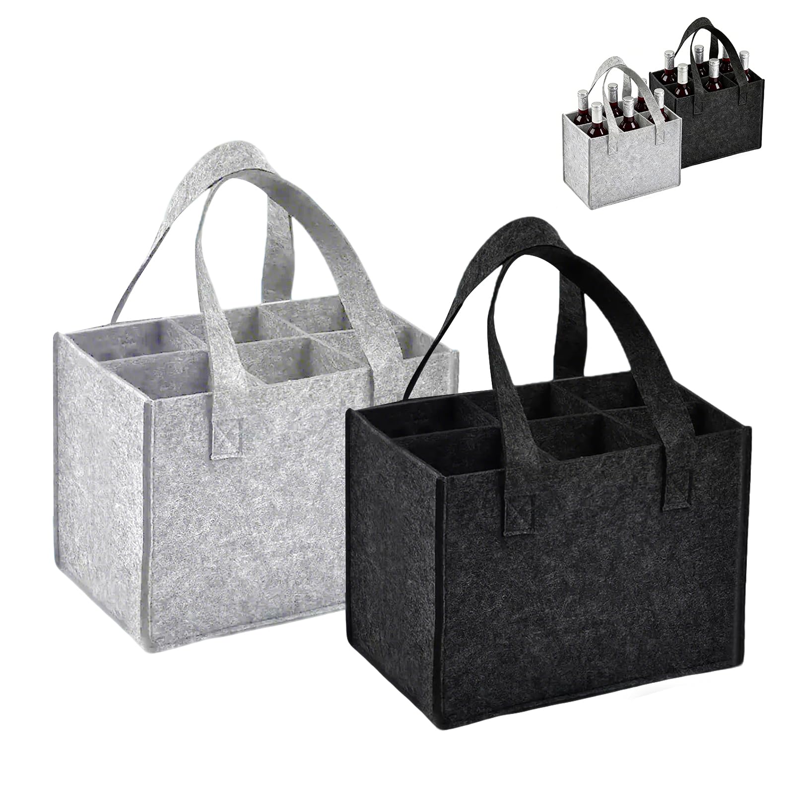 Rthynti 2PCS Felt Wine Bottle Carrier Bags, Portable Bottle Bags for Wine x 6, Carrier with Handle for Storing Carrying Beer Champagne Drinks Carrier(Dark Grey,Light Grey)