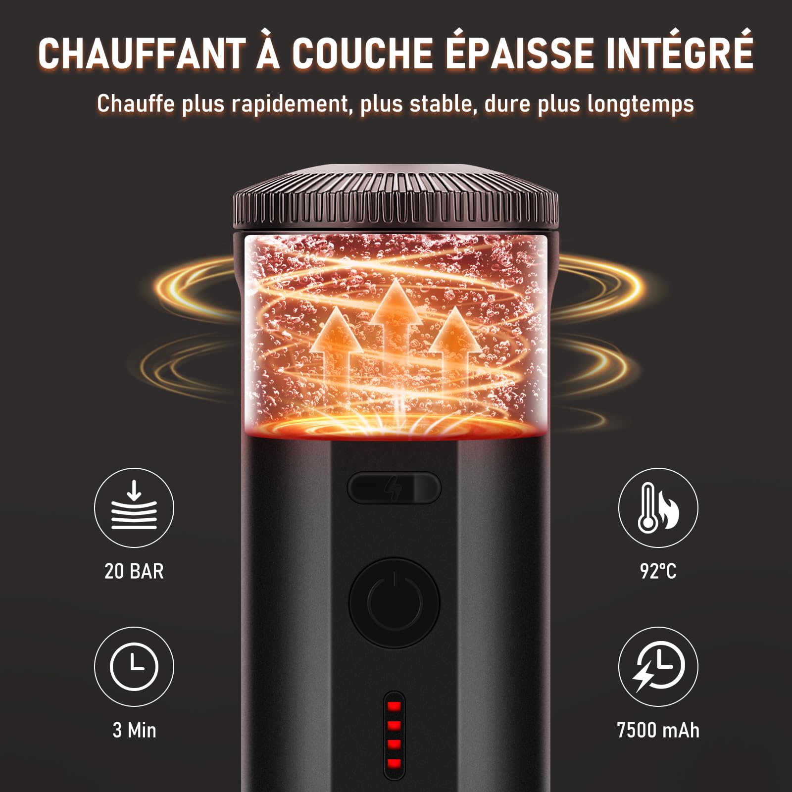 ICARE Machine à Café Portable, Cafetière Portable 2 en 1 pour Capsules NS et Café Moulu, Auto-Chauffante, Recharge USB-C, Indicateur de Batterie, pour Camping, Randonnée, Voyages, Camping-cars (Noir)