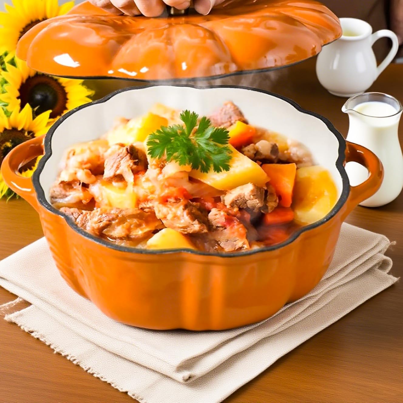 Enameled Cast Iron Dutch Oven with Lid Pumpkin Pot, Halloween & Thanksgiving Decor, Oven/Stove (450°F), Casserole & Stew Pots, Giftable Fall Kitchenware Cute Halloween Pumpkin Pot (Small)