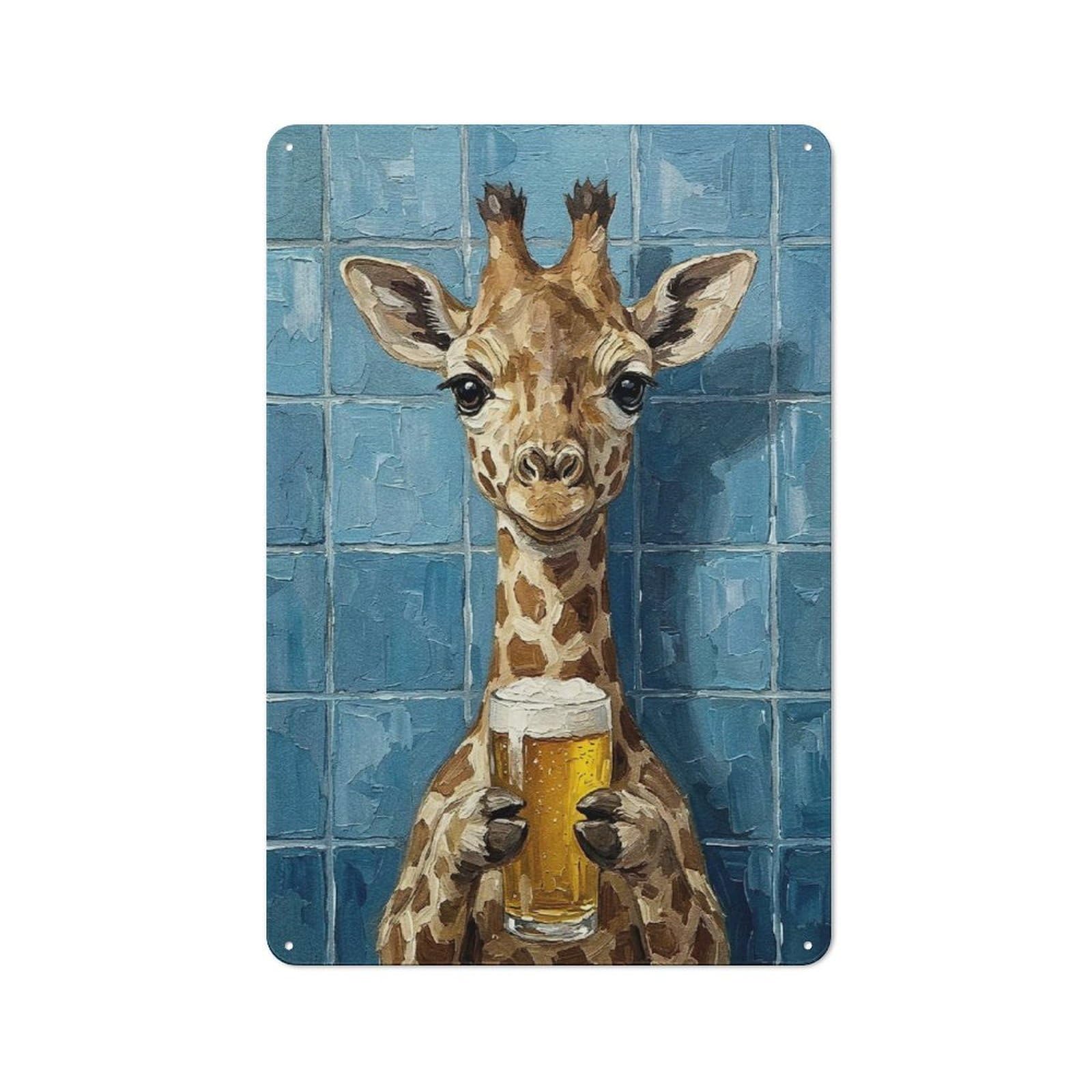 Junmoney Style-12 Tin Wall Plaque 30X20cm With Giraffe With Beer Painting For Workshop Wall, Housewarming Wall Decor For People Furnishing Workshop