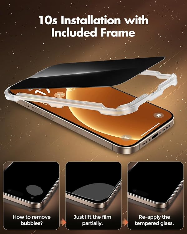 UNBREAKcable Privacy Screen Protector for iPhone 16 Pro, Full Coverage Shatterproof Tempered Glass [True 28°Anti Spy] [9H Hardness] [Easy Installation Frame] 2-Pack Private Screen for iPhone 16 Pro by UNBREAKcable - Used condition - Image 4