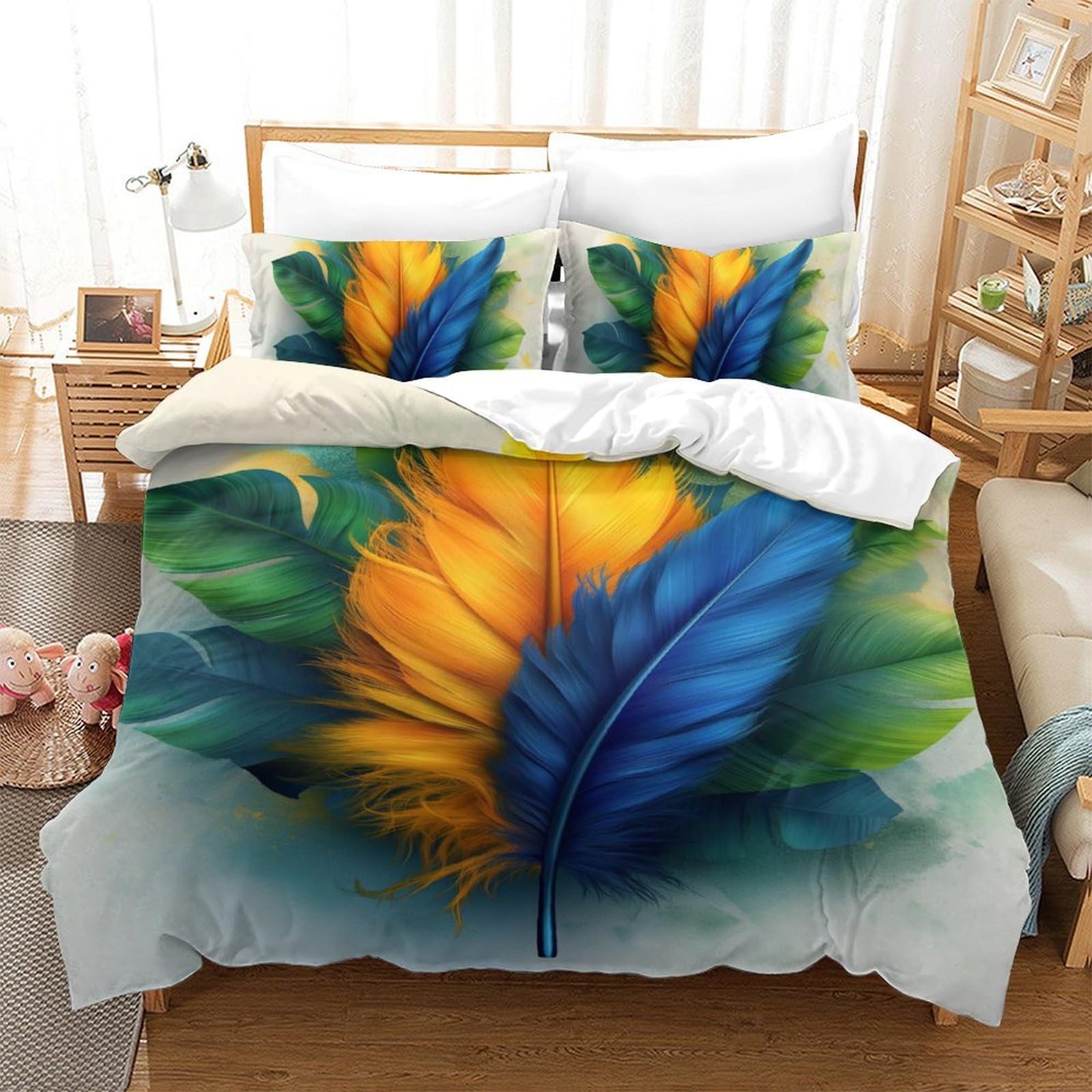 Housses de couettes 140x200cm imprimé 3D plumes pour chambre cosy