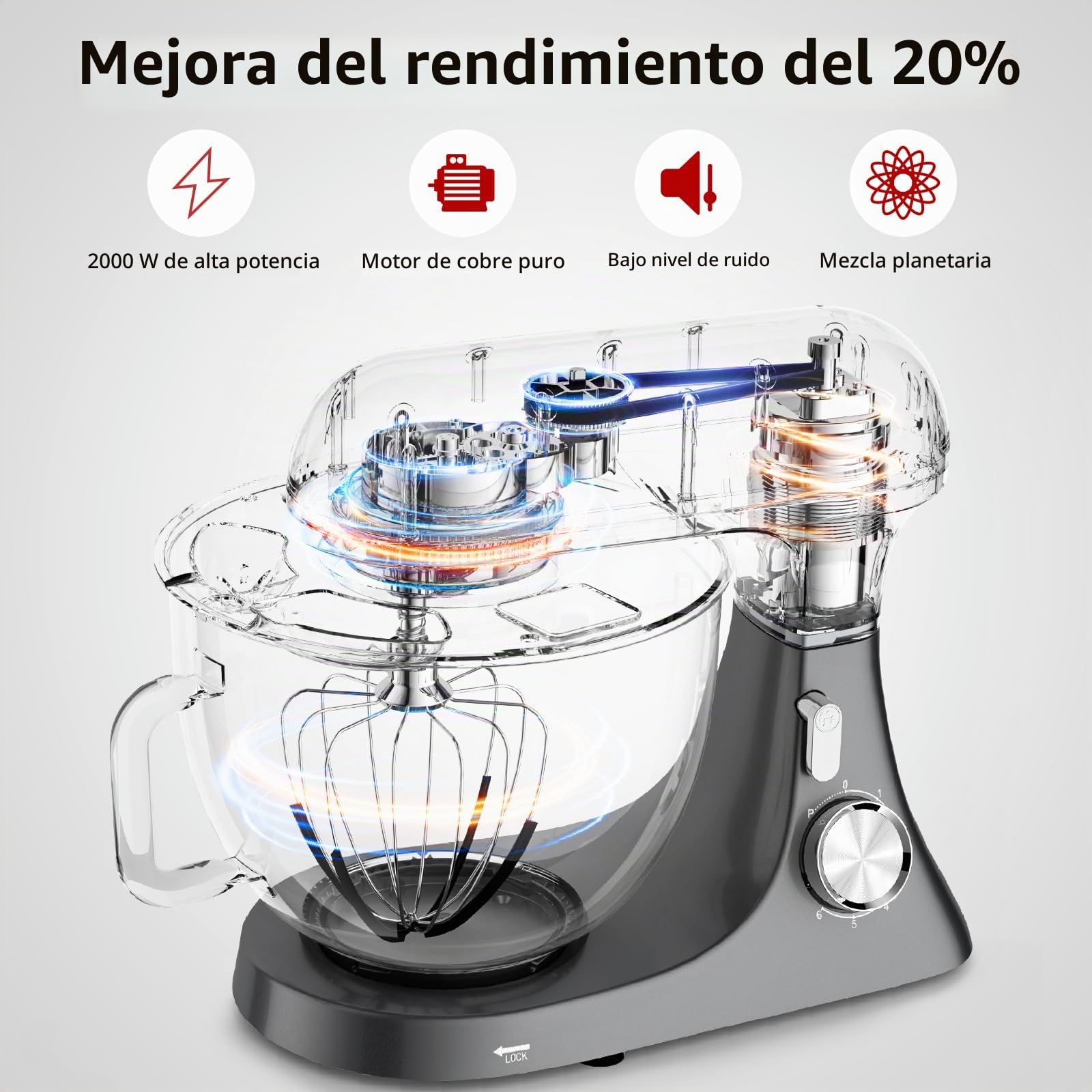 Batidora Amasadora 2000W 8L Robot de Cocina Amasador Multifunción | Bol de Acero Inoxidable, Batidor, Gancho para Masa, y Varillas, Raspador Protector Antisalpicaduras, 6+P Velocidades