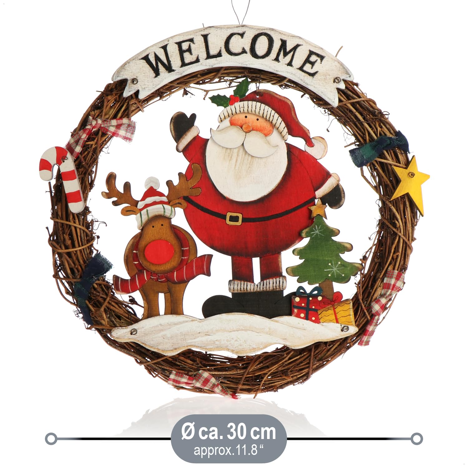 COM-FOUR® Corona navideña Trenzada - Corona de Puerta Welcome para Navidad - Decoración navideña para Colgar - Corona de Madera Aprox. Ø 30 cm (Papá Noel - L)