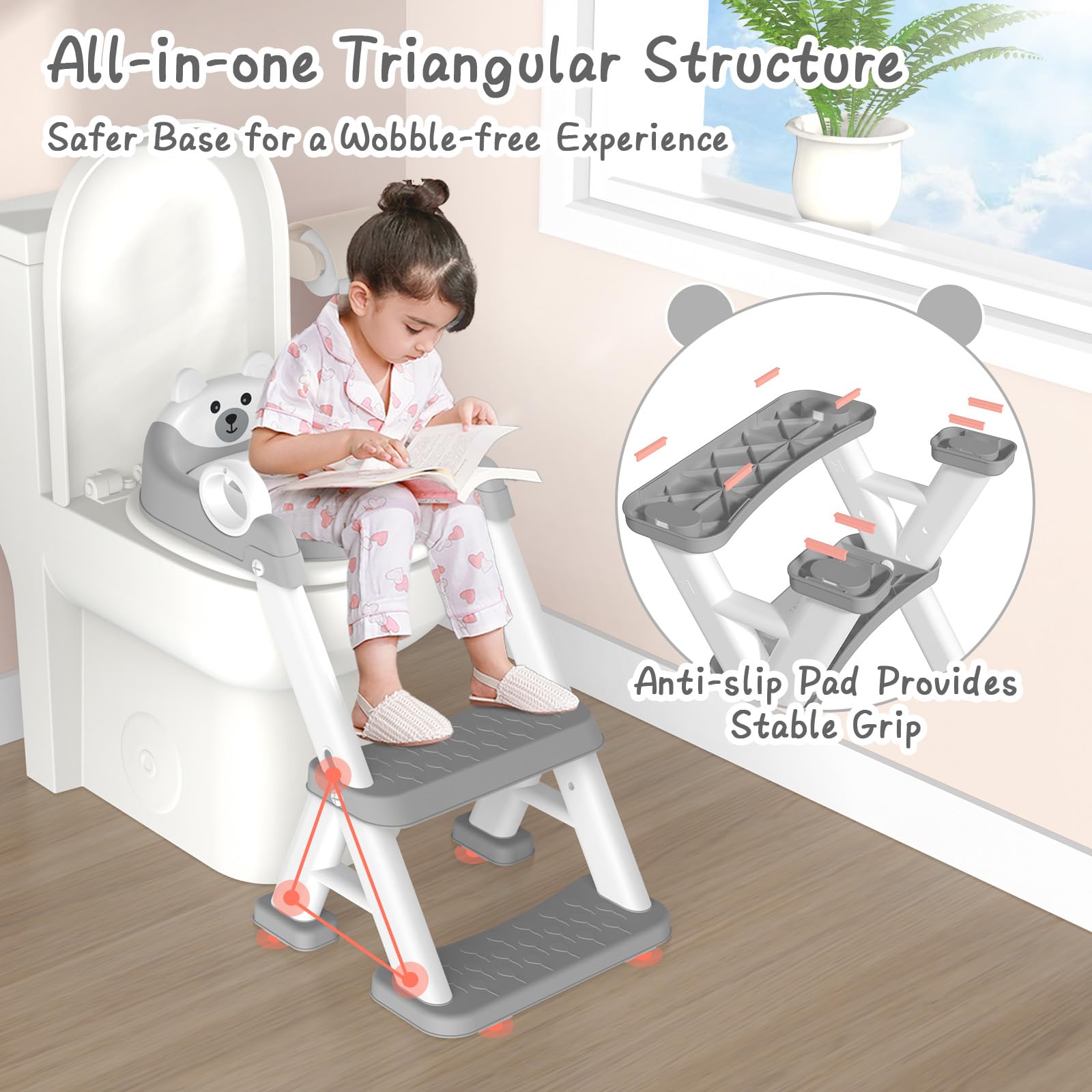 Riduttore WC Bambini, Sedile Rialzato per Bambini Maschi e Femmine, Riduttore WC 2 in 1 con Scaletta, Riduttore WC Sedile del Water con Seggiolino per Bambini, Pedana Antiscivolo Anti-Spruzzo, Grigio