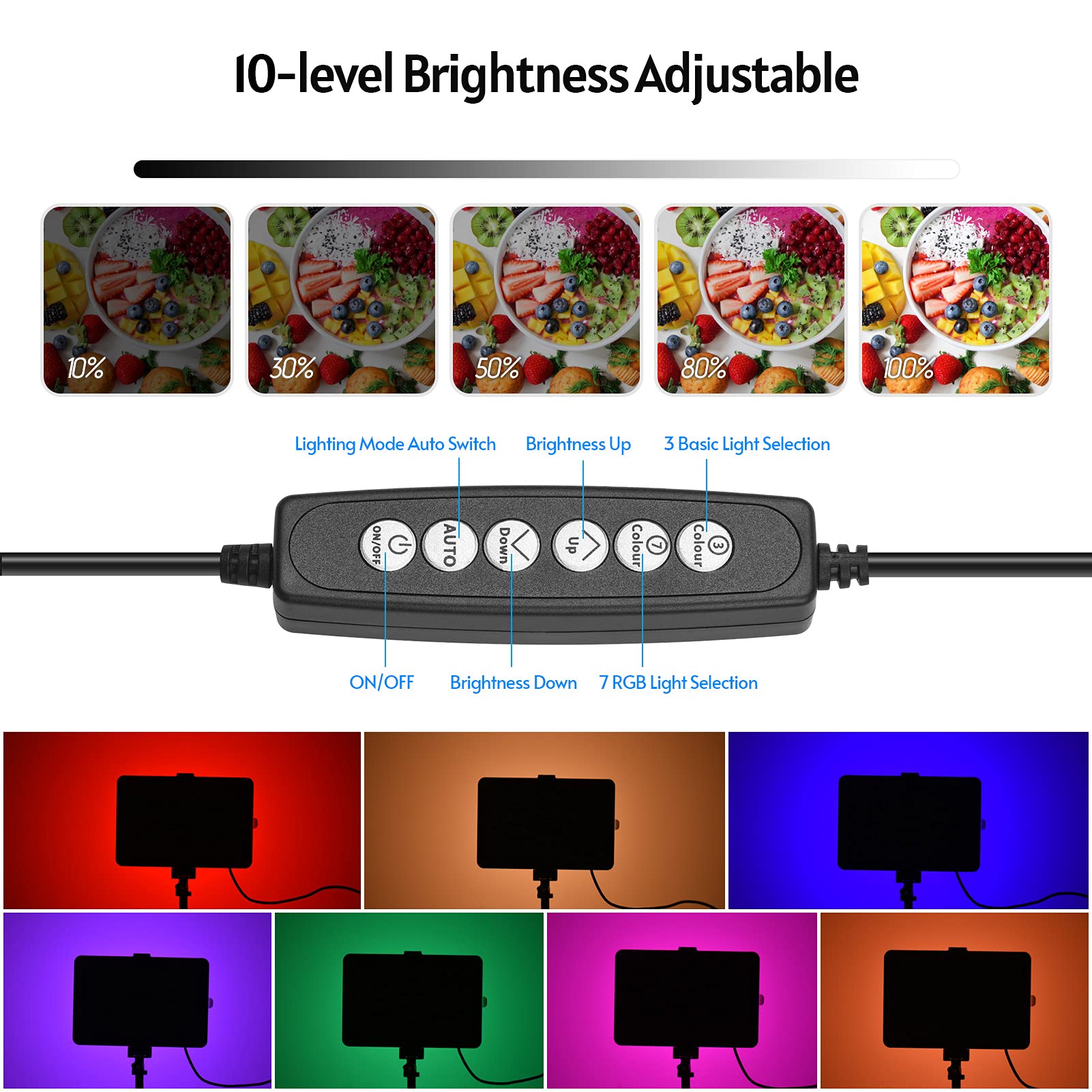 LED Studio Light, RGB Video Light Kit 10 Livelli Kit di Illuminazione Video LED Dimmibile USB con Treppiede per Registrazione Video, Streaming di Gioco, YouTube