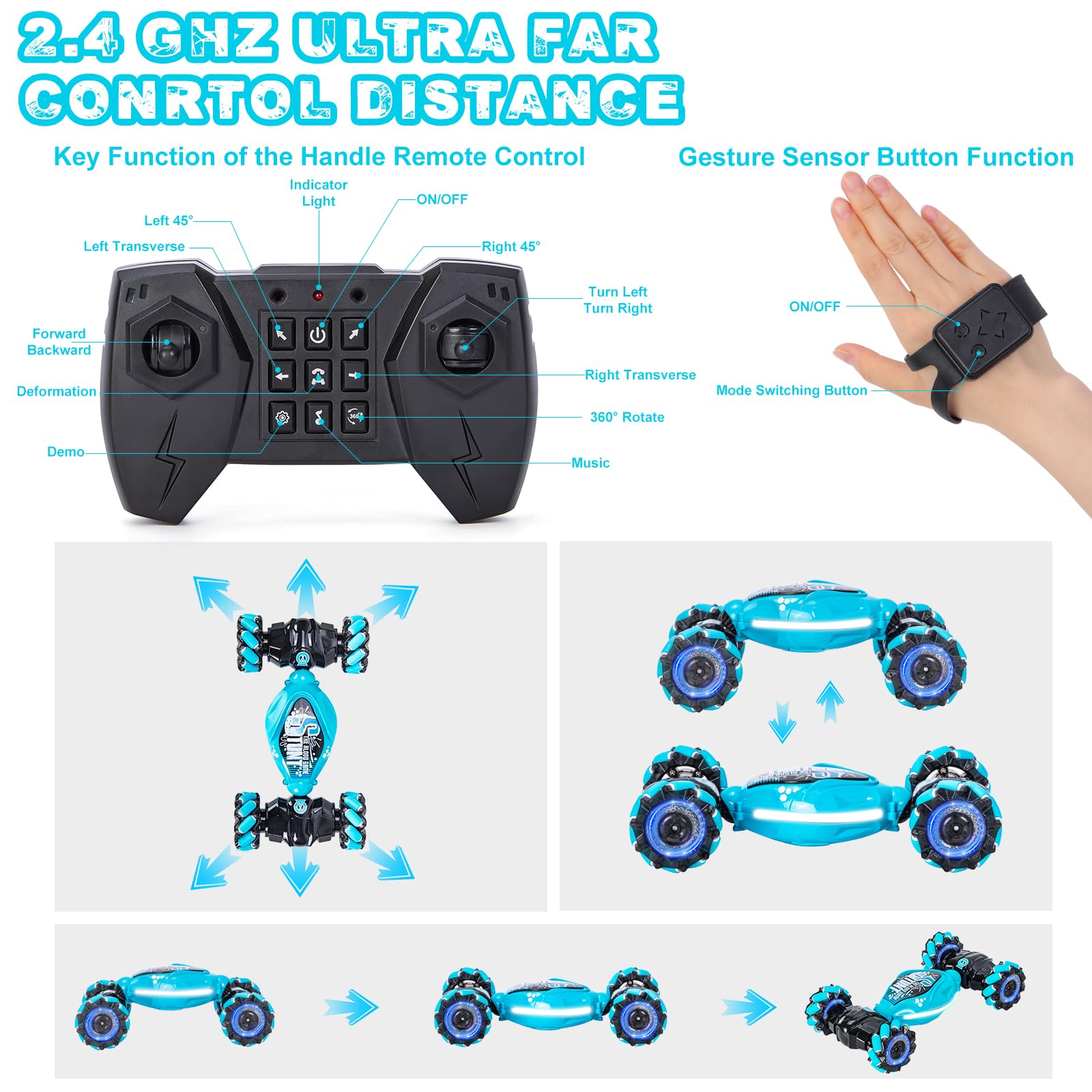 Ltteaoy Telecomando con Rilevamento dei Gesti Macchina Auto Telecomandata,2.4GHz 4WD Due telecomandi Rotazione di 360°con Luce LED/Musica Macchina Radiocomandata per Bambini sopra 6 anni