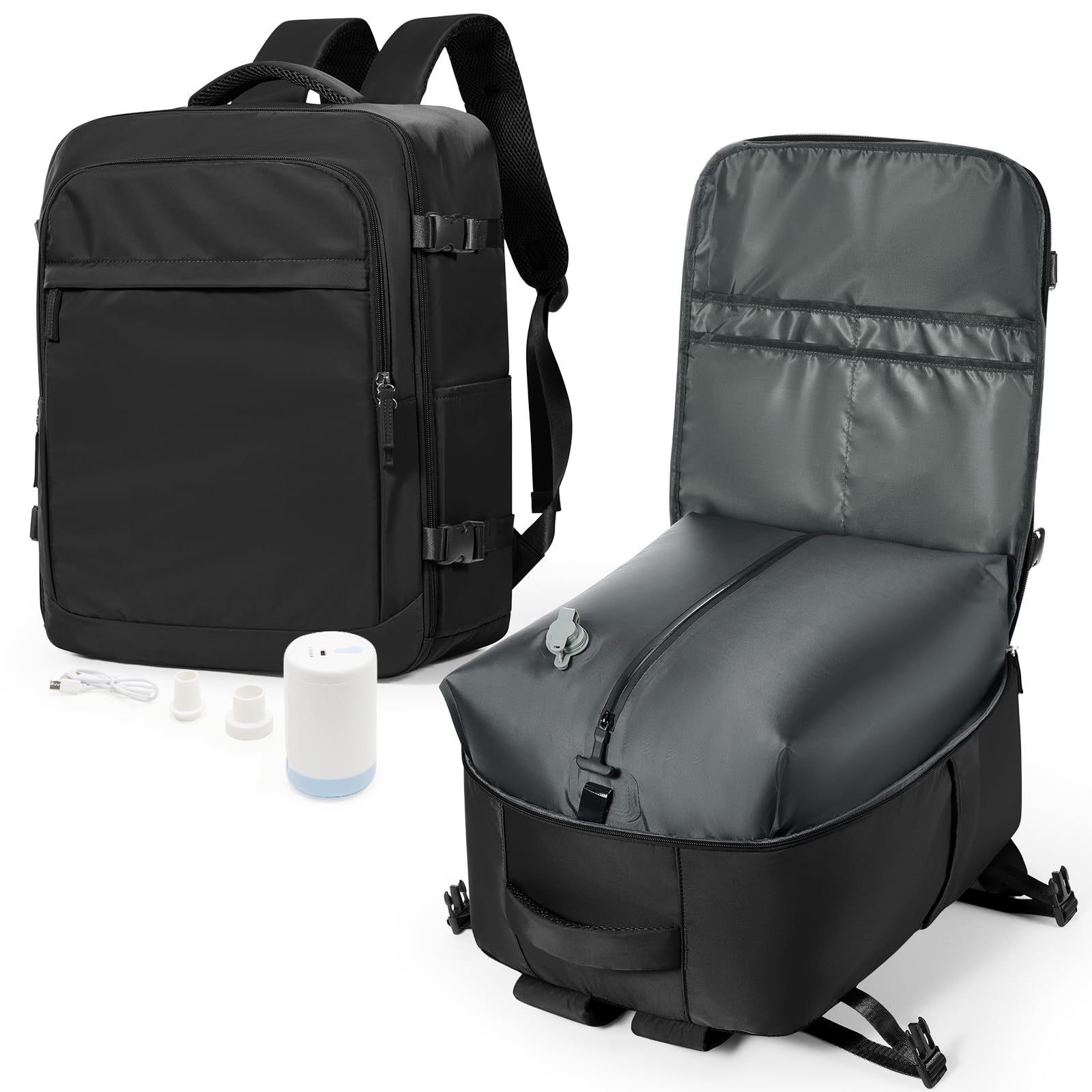 VGCUBTravel Vacpack Backpack with Electric Pump Vacuum System Storage Compression Carry on 18x14x8 Inches Personal Item Bags for Women Men Work Business Waterproof College Backpack Black
