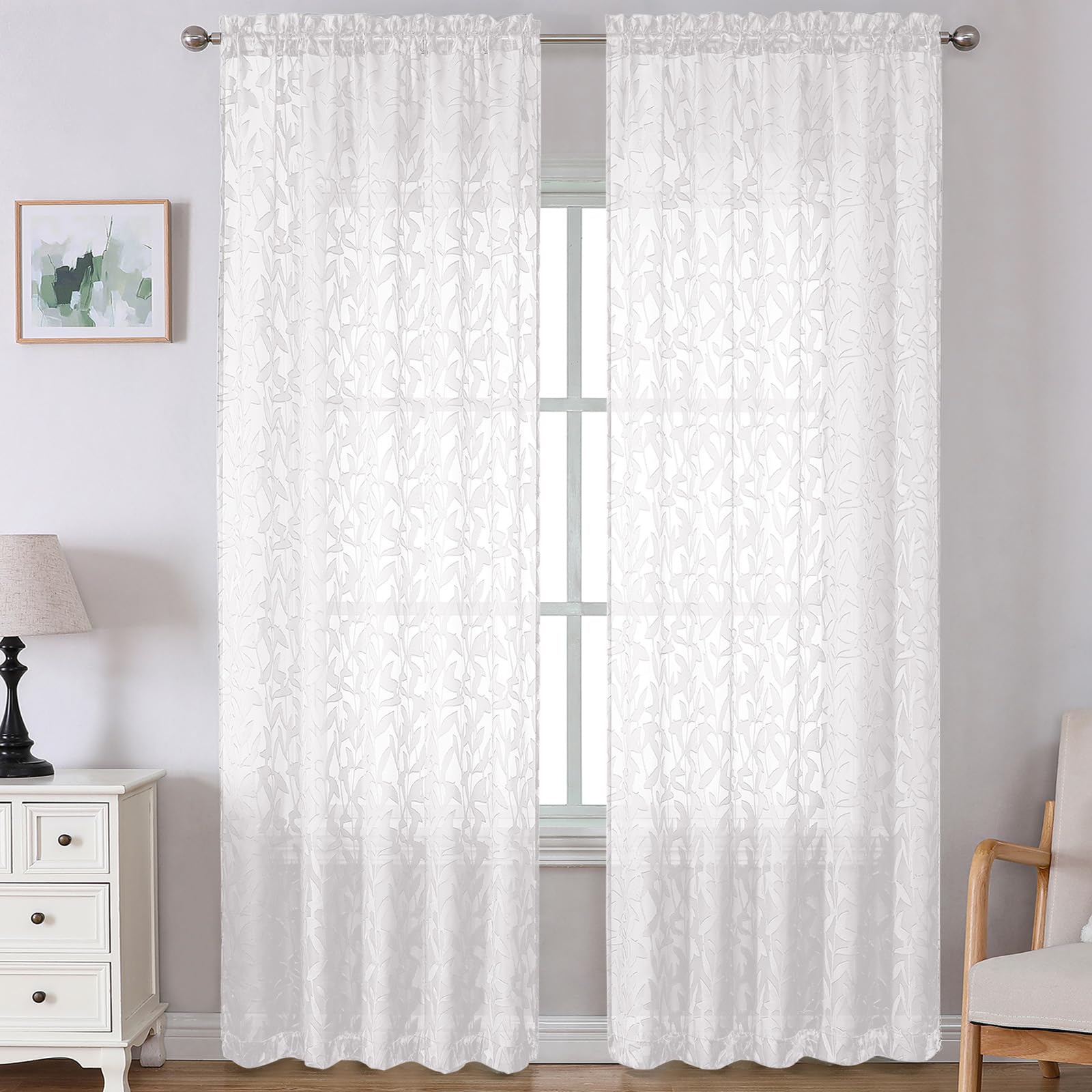 Lecloud Leia White Sheer Curtains 120 Inches Long 2 Panels, Jacquard Textured Voile Curtains, Modern Gauzy Windows Decor Drapes with Dual Rod Pockets for Living Room Bedroom, Each 52" W x 120" L โ image 1