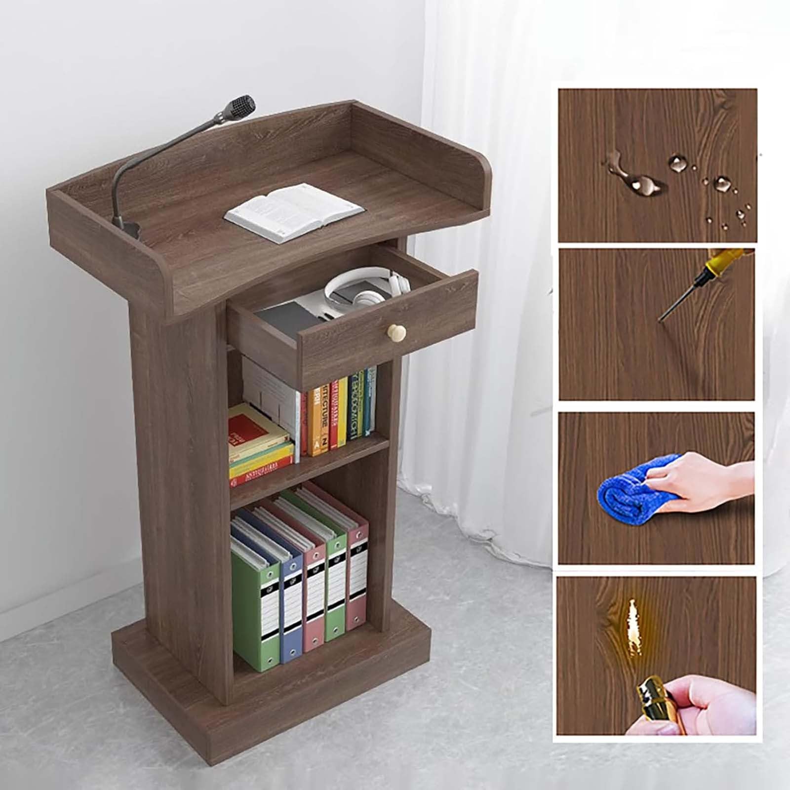 Atril de Madera para Iglesia, podio de pie con cajón para conferencias, auditorios, seminarios y escuelas. Walnut+Drawer