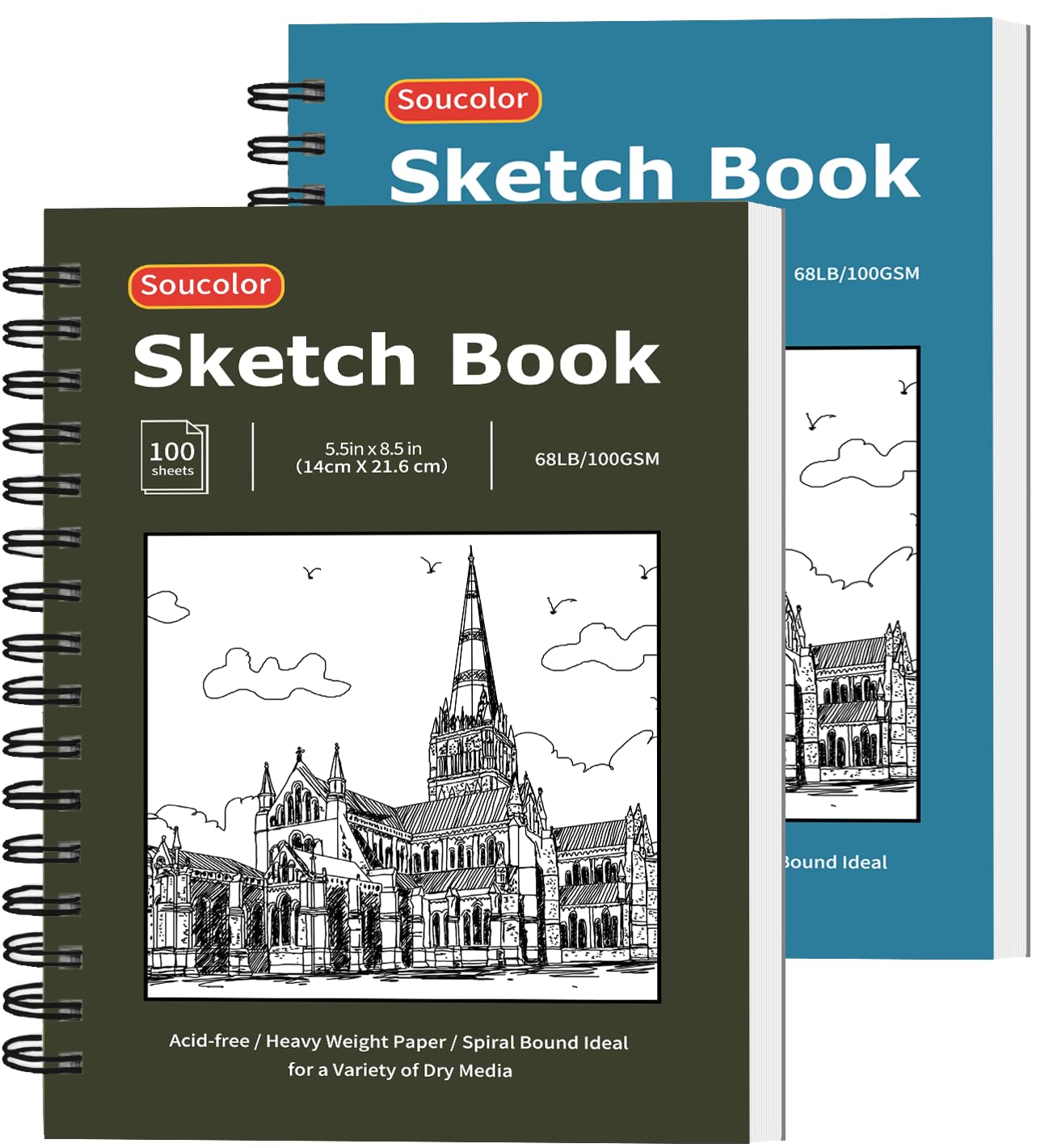 Soucolor 5.5" x 8.5" Sketchbook Pack of 2, 200 Sheets Blank Journal Notebook, A5, Spiral Bound Sketch Pad Drawing Book Acid-Free Paper (68lb/100gsm), Painting Sketching Drawing Notebook Art Supplies