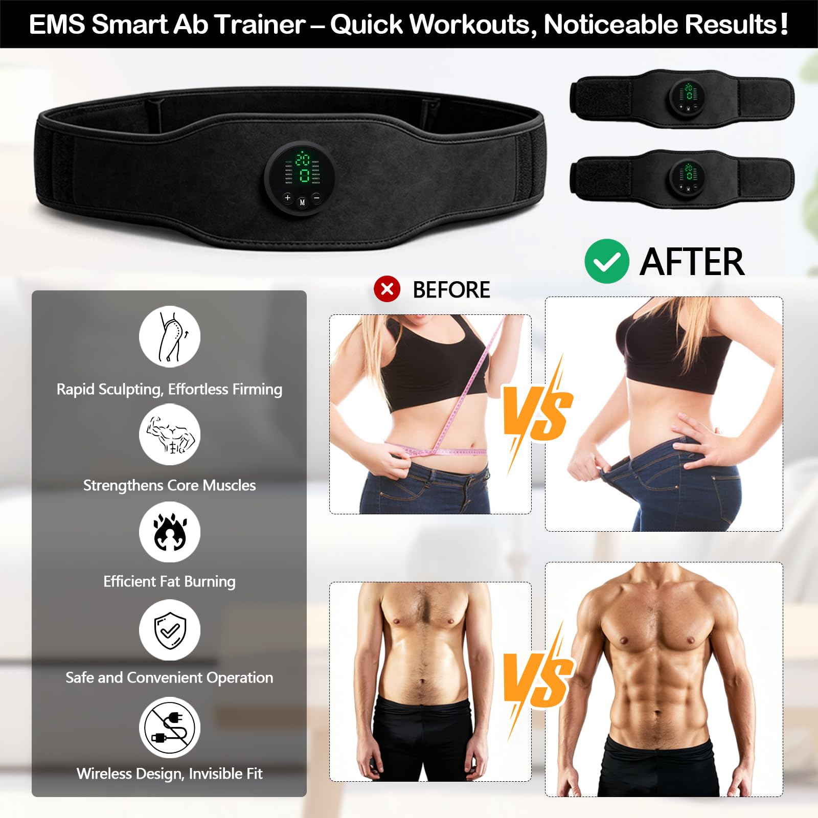 Set di Allenamento EMS Elettrico per Addominali, 3 dispositivi Principali, 2 Pad per Braccia, 1 Cintura, 12 modalità, 19 Livelli di intensità, Unisex, Adatto Anche per Gambe e Schiena