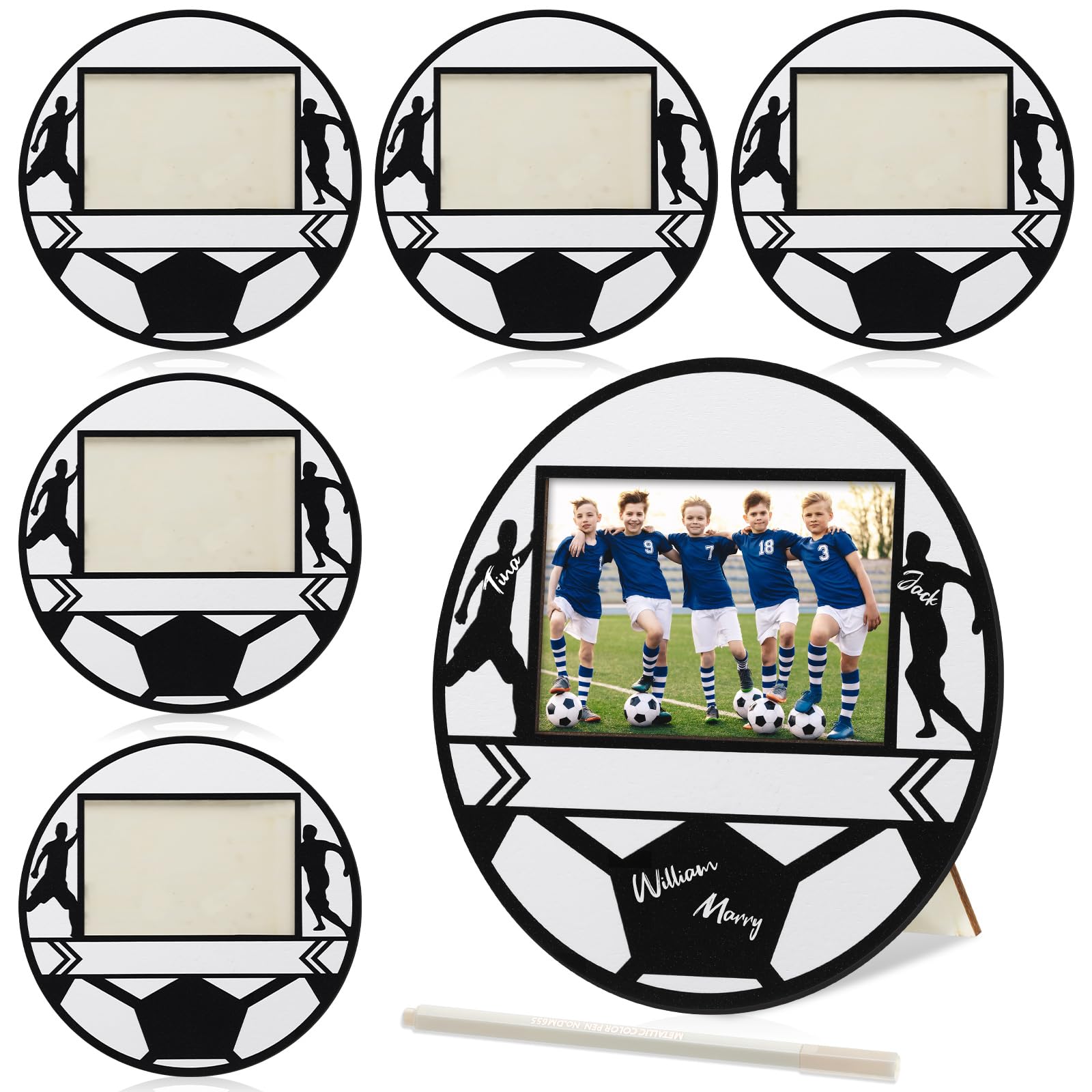 Photo 1 of Cinnvoice 6 Pcs Soccer Picture Frame with Signature Pens Fits 4 x 6 Inches Wooden Photo Football Frame Picture Party Athlete Thanks Coach Team Gift Plate Plaque Home Decor