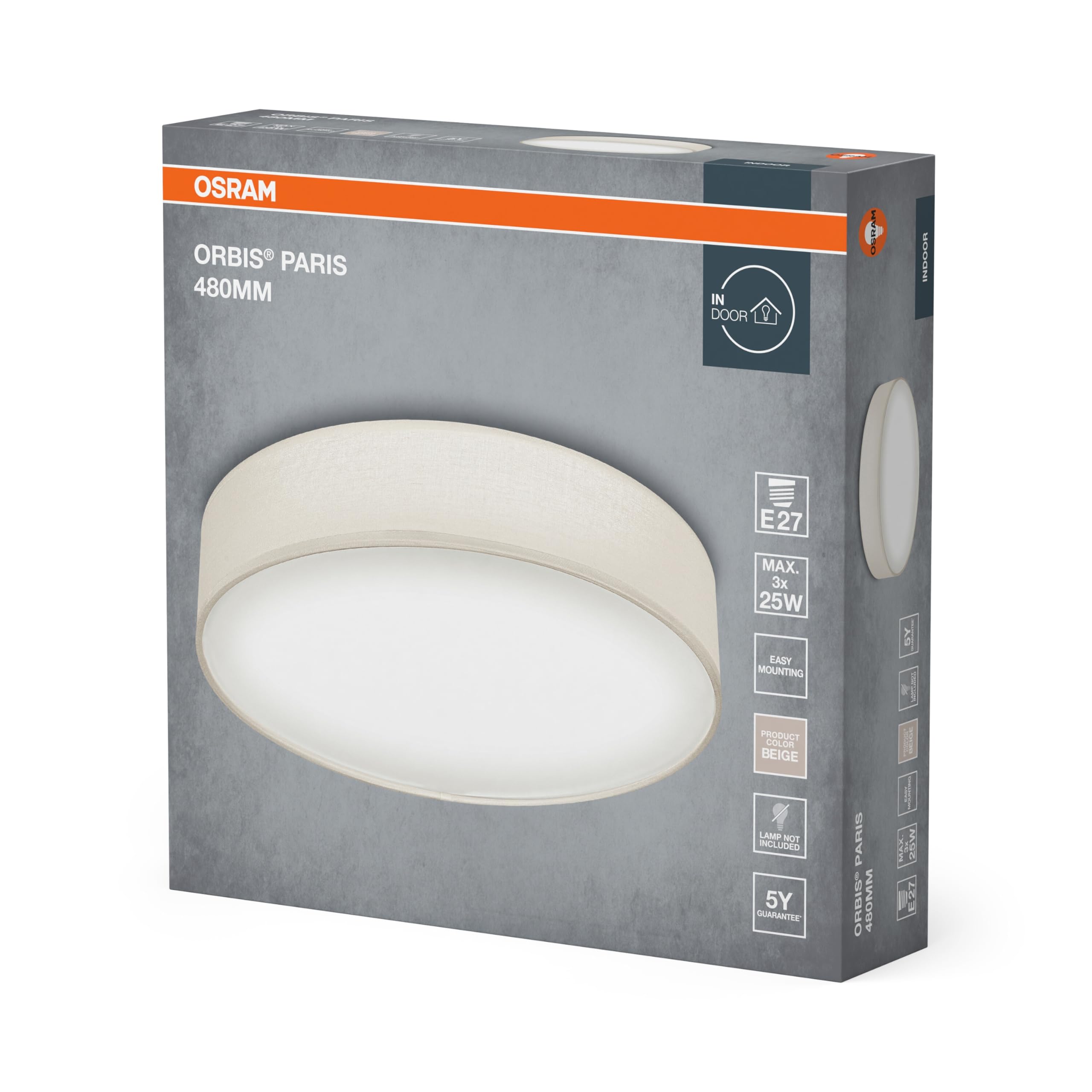 OSRAM Plafón ORBIS PARIS 480mm, beige, casquillo 3xE27, puede equiparse con lámpara smart, diseño moderno, apto para interior, redondo, IP20
