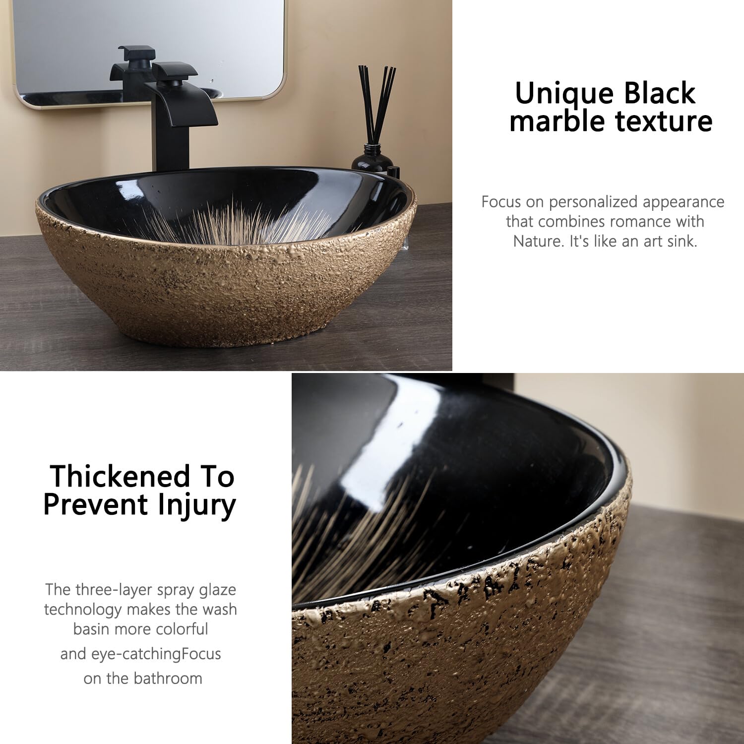 Lavabo Ovale Per Bagno 33x41x13 cm Da Appoggio in Ceramica Nero