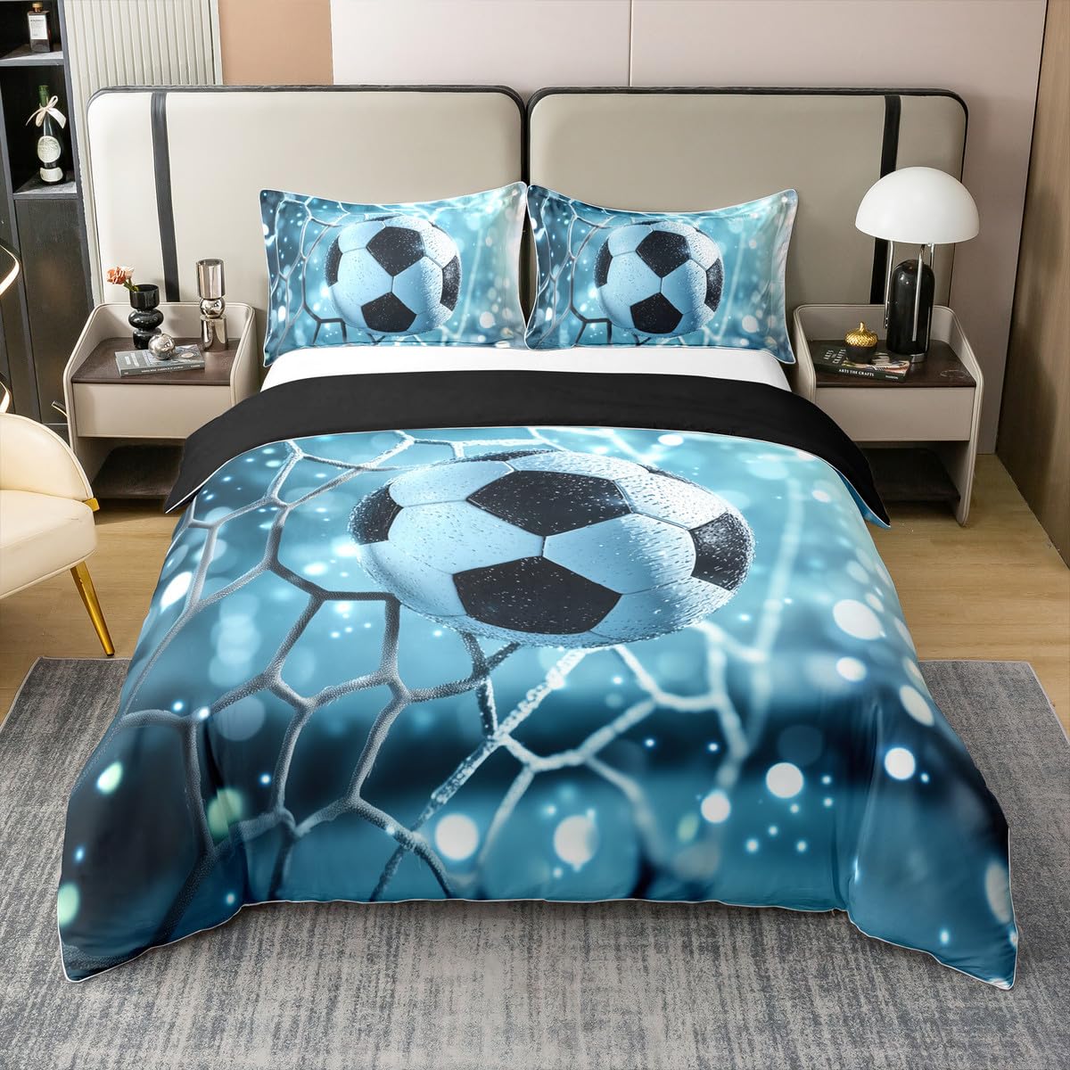 Homewish Piłka nożna 100% bawełniana poszewka na kołdrę podwójne boisko do piłki nożnej zestaw pościeli dla dzieci chłopców mężczyzn bramka w kropki jasnobiała jasnoniebieska poszewka na kołdrę miękka