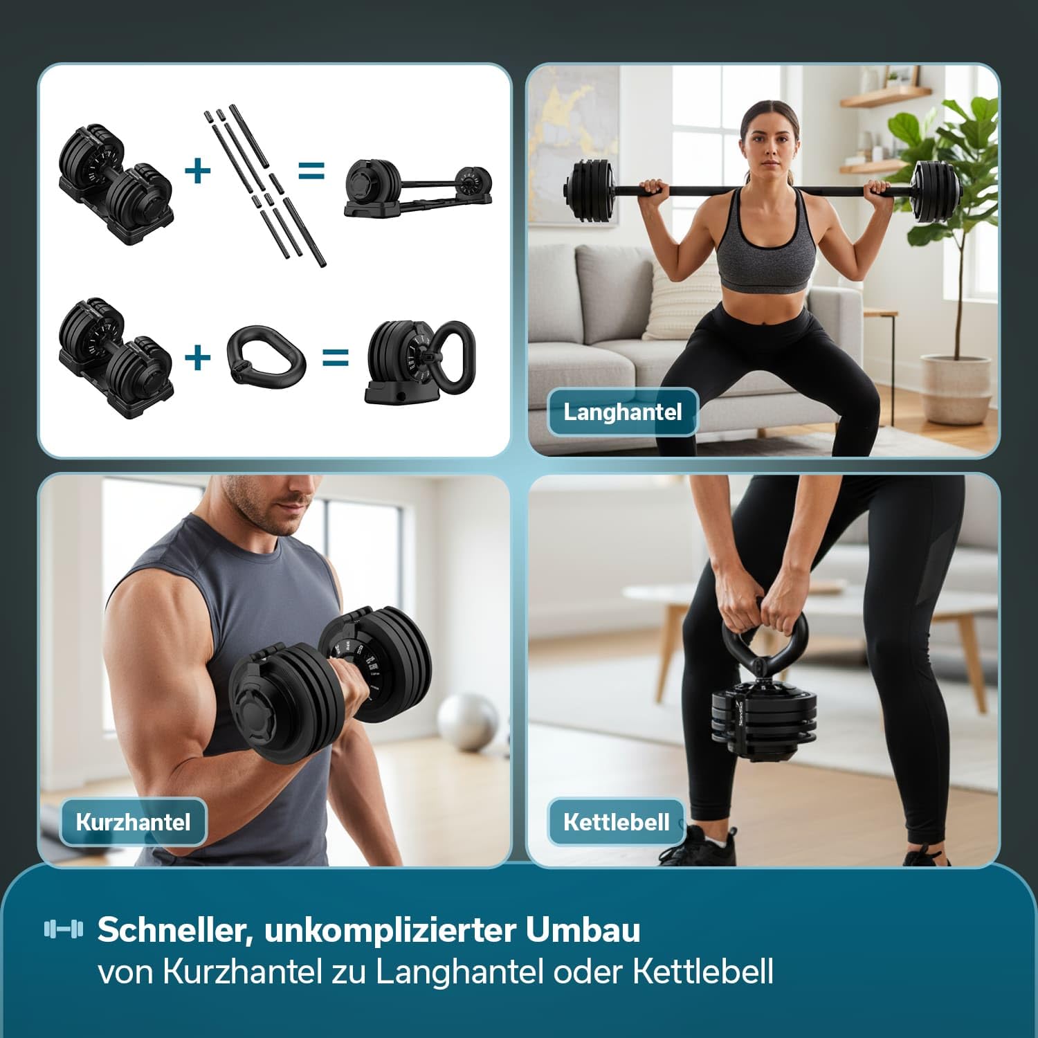Skandika Hanteln Paino | Hantel verstellbar, Hantel Set, 1,5 bis 24 kg Gewichte, Kurzhanteln, Langhantel, Kettlebell, Hantelset, Dumbbells, Hantelscheiben | Verstellbare Hanteln für Zuhause, Gym