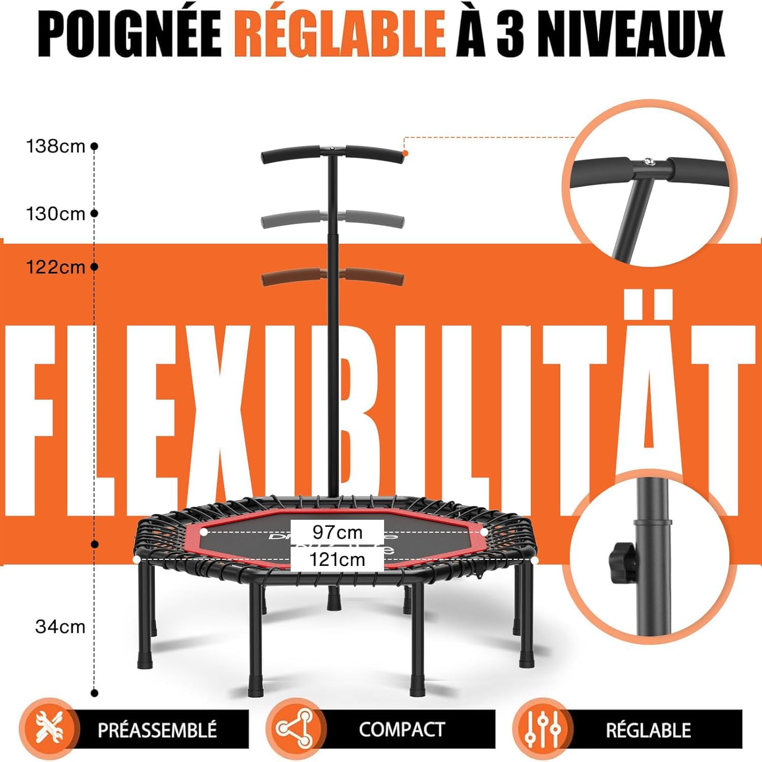 DH FITLIFE Trampoline de Fitness intérieur Pliable sans Installation | Ø121 cm (48 Pouces) | capacité de Charge 150 kg | 3 Niveaux de poignées réglables | Stable et Silencieux