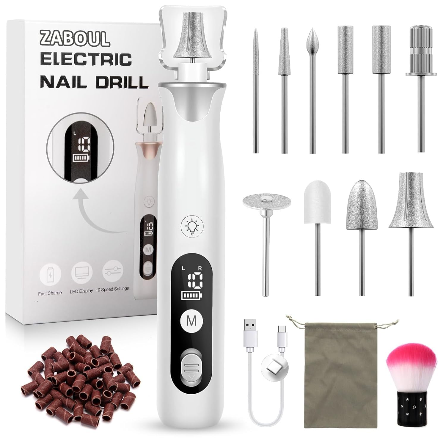 Maniküre/Pedikure Set elektrisch, Nagelfelile, Nagelfräser und Hornhautentfemer mit 10 Aufsatze zur Nagelpflege, mit 10 Geschwindigkeiten, LED Licht, Aufbewahrungstasche