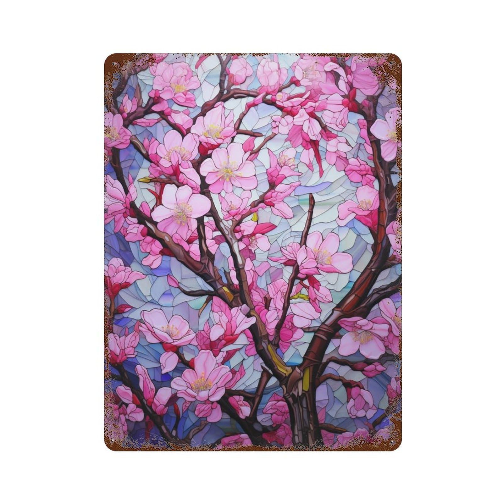 Stained Glass Cherry Blossoms 15.7"x11.8" Weathered Tin Sign, Shabby Chic Decor for Cafe, Home Bar And Lounge Decor