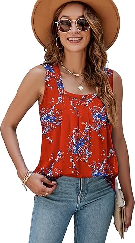 Miniatura 2 de AGSEEM Camisetas sin mangas de verano para mujer, ajuste holgado, plisado, cuello cuadrado, sin mangas, dobladillo curvado, fluido