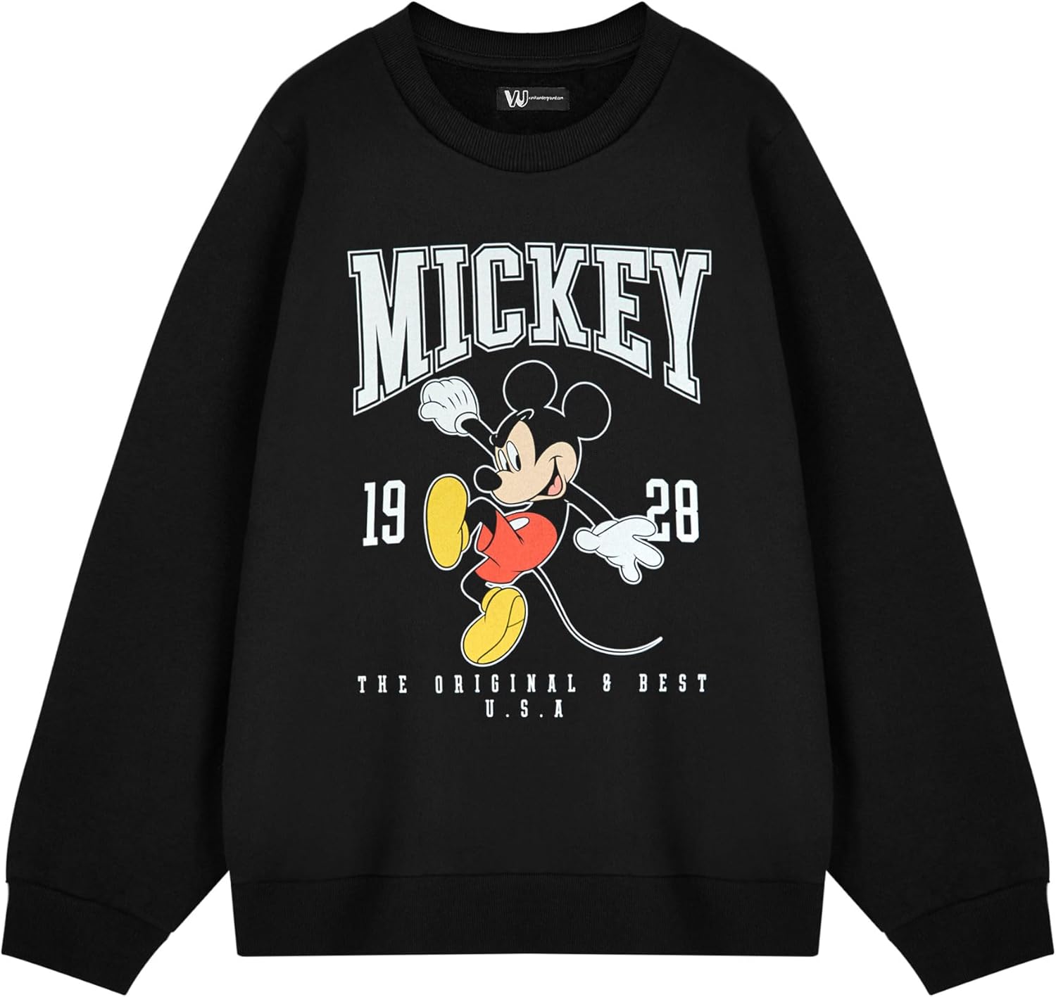 Disney Mickey Mouse Women's Black Sweatshirt | Original 1928 Graphic Crew Neck Long Sleeve