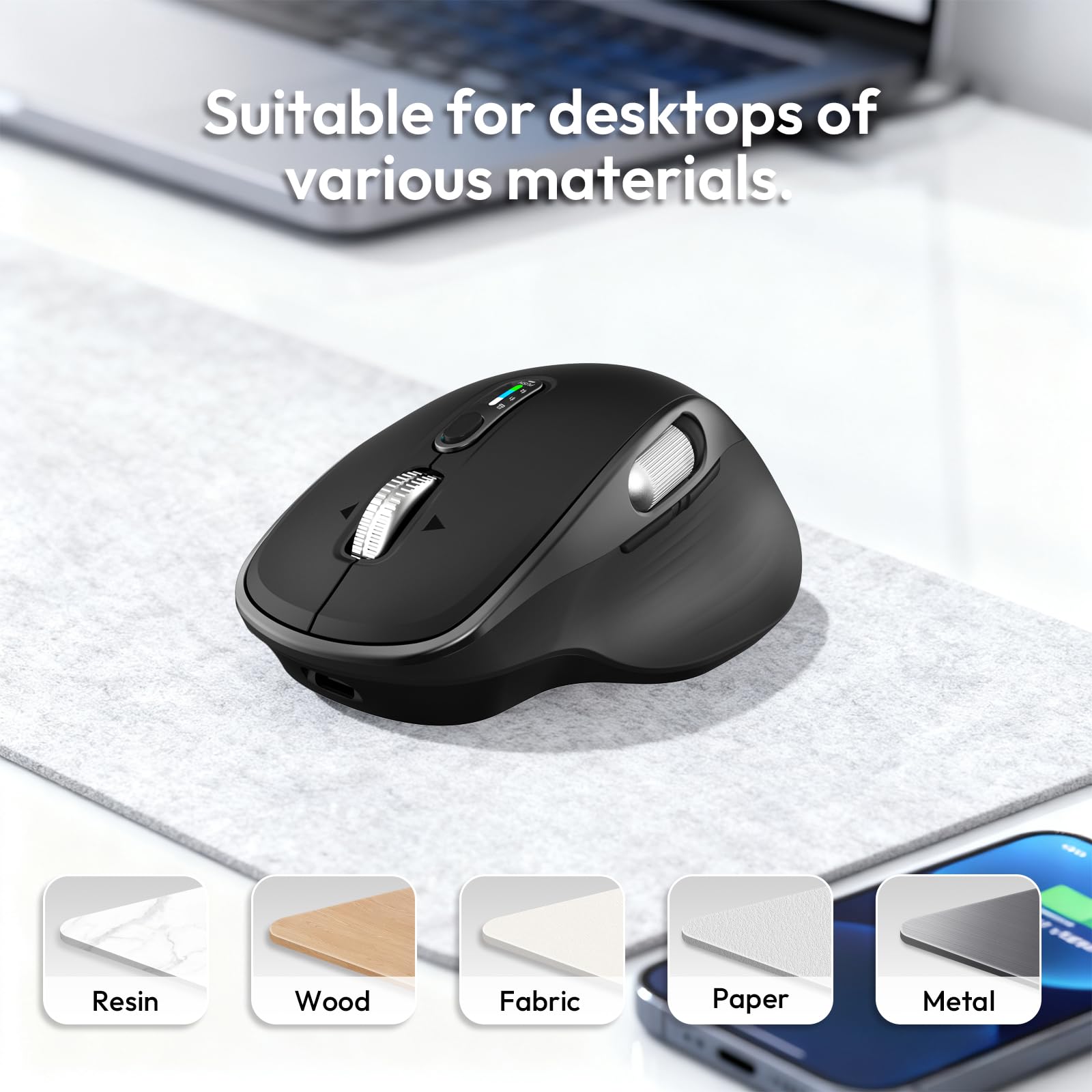 Ratón inalámbrico recargable por Bluetooth con 8 botones programables, color negro | Ratón óptico ergonómico multidispositivo con 5 DPI ajustables para laptop, iPad, PC, manos medianas a grandes