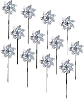 BATTIFE 12 Pack Silver Reflective Pinwheels - Pre-Assembled Bird Deterrent Wind Spinners for Garden, Yard, Farm & Lawn