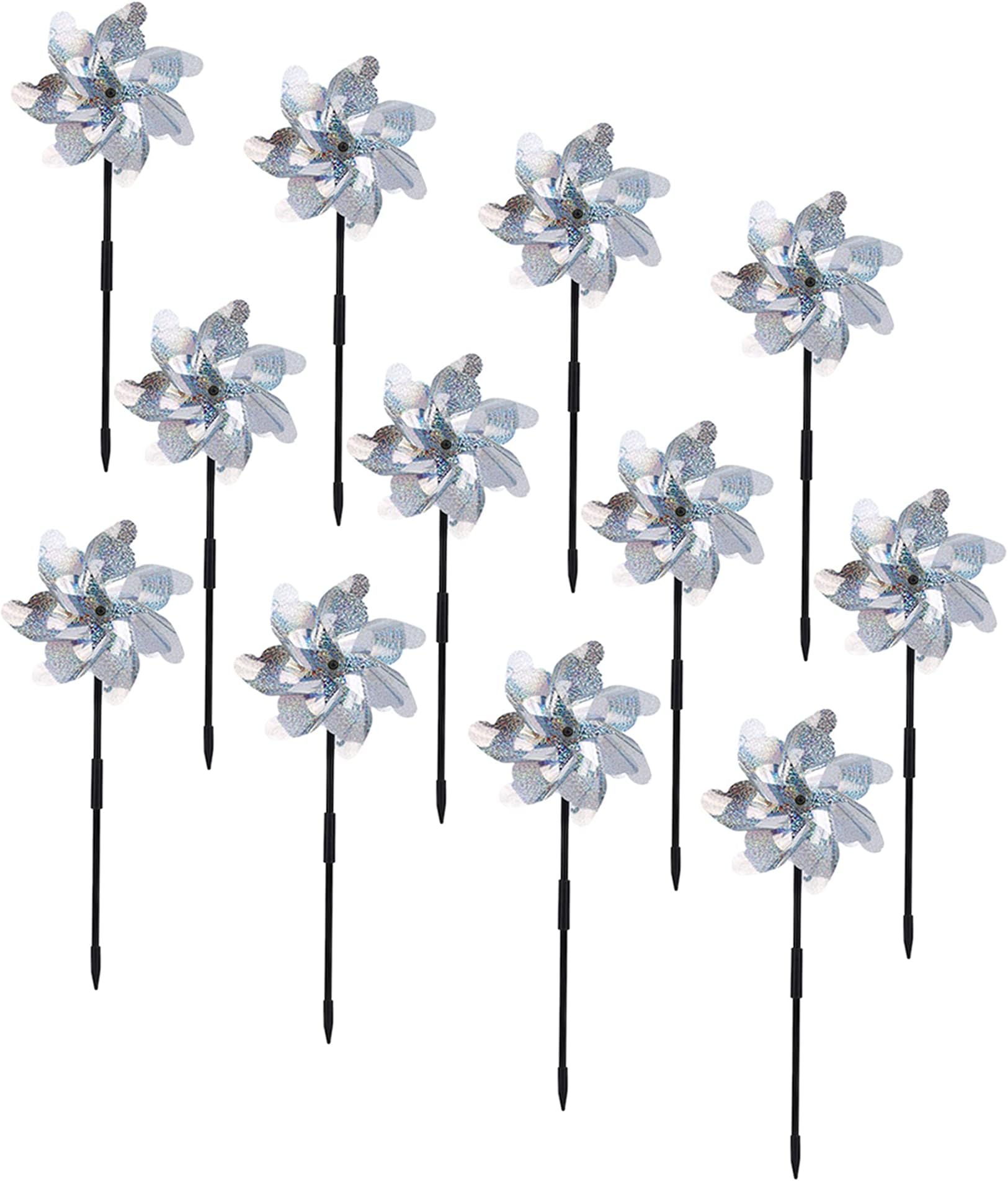 BATTIFE Reflective Pinwheels for Yard and Garden, Pre-Installed Sparkly Blind Birds Pin Wheel, Scare Birds & Animal Away Wind Spinner, 12 Pack (Silver)