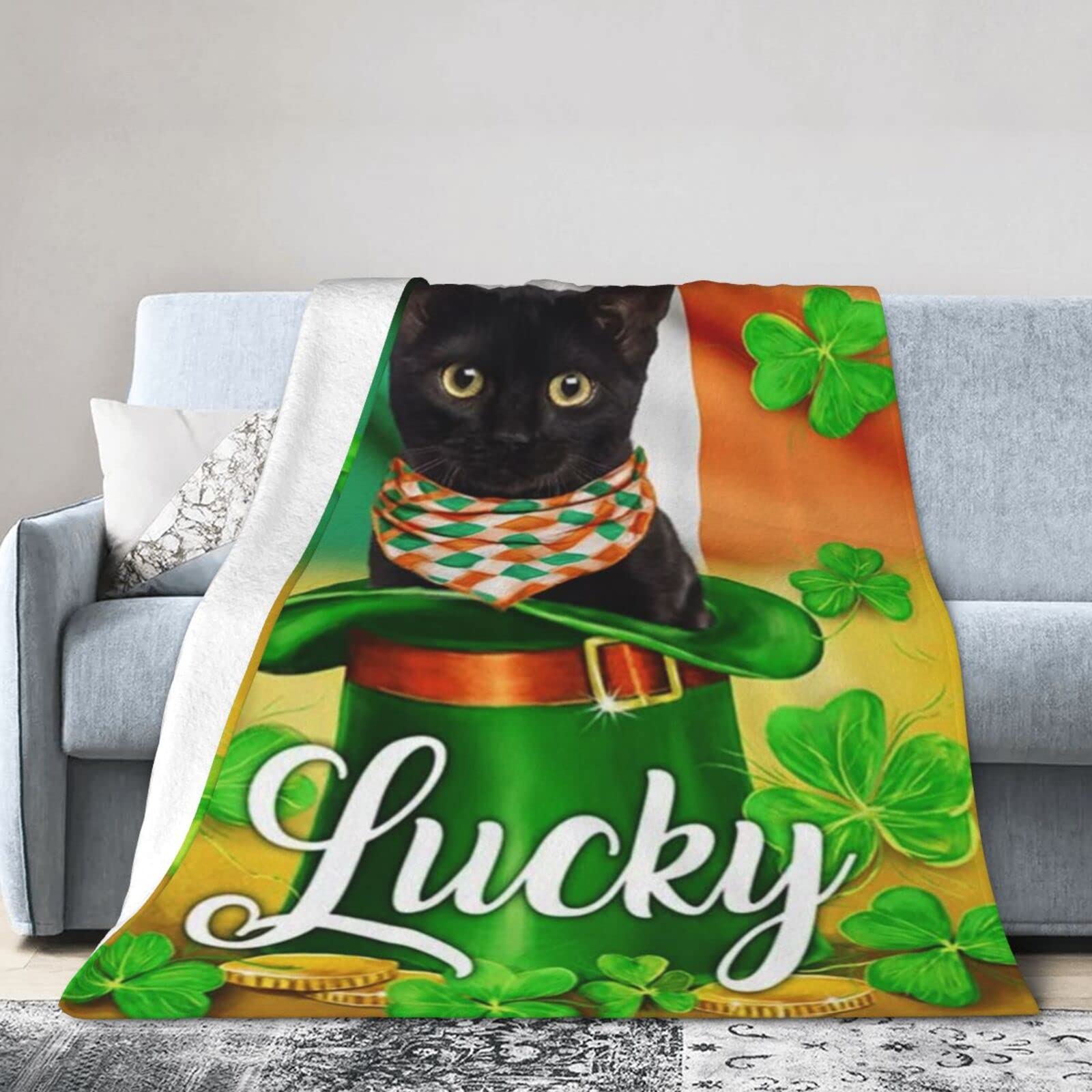 Lsjuee Flannel Fleece Blanket 50"X40" Cat Lucky Irish Shamrock Bed Throw Blanket Lightweight Ultra-Soft Travel Spring Blankets for Couple Keep Warm